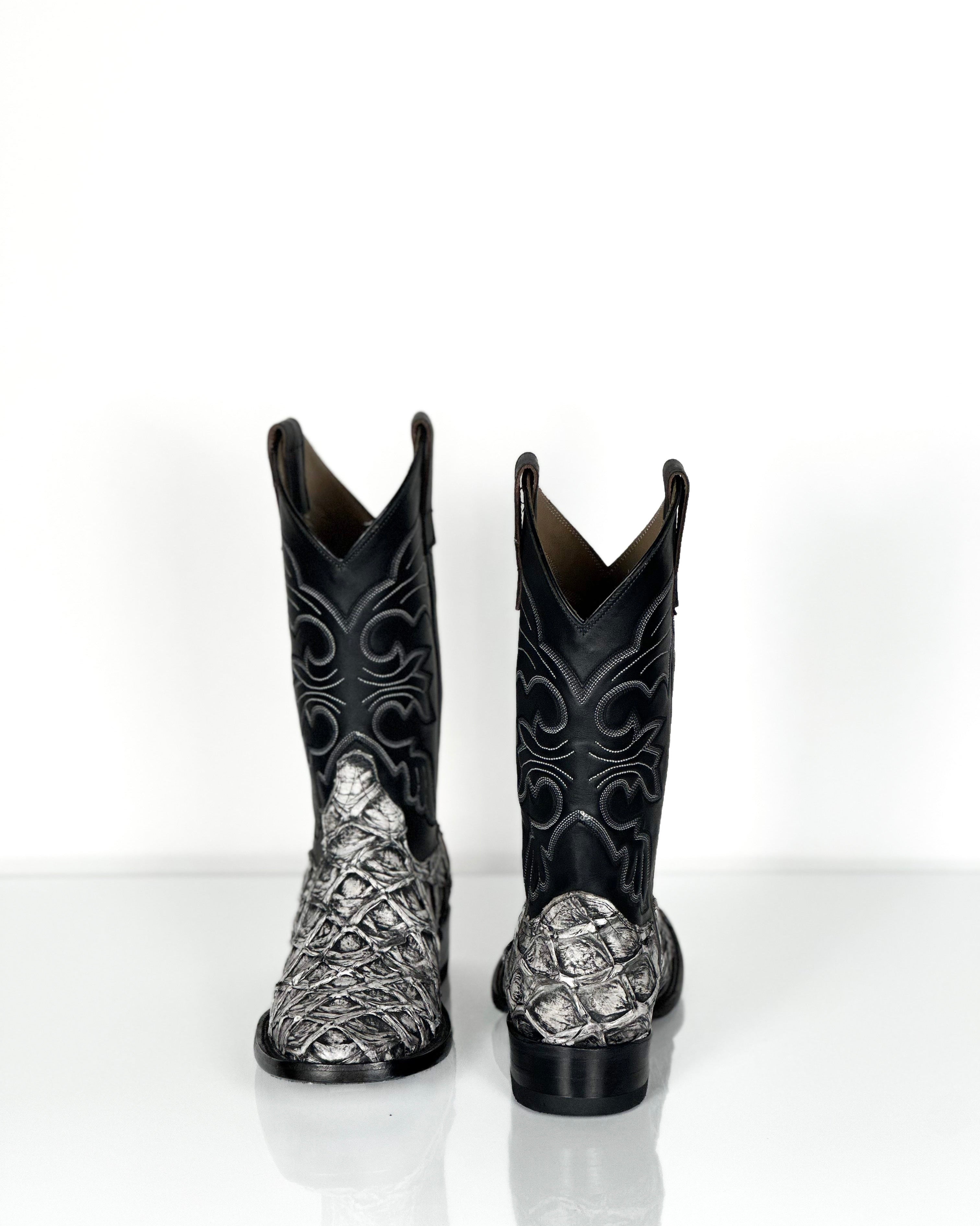 Pirarucu Fish-Web Gray Boots — angled view of handmade pirarucu boots