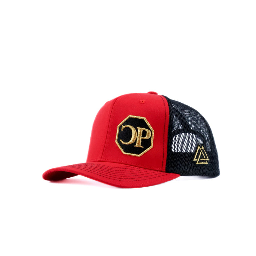 red and black mesh cap with cp logo