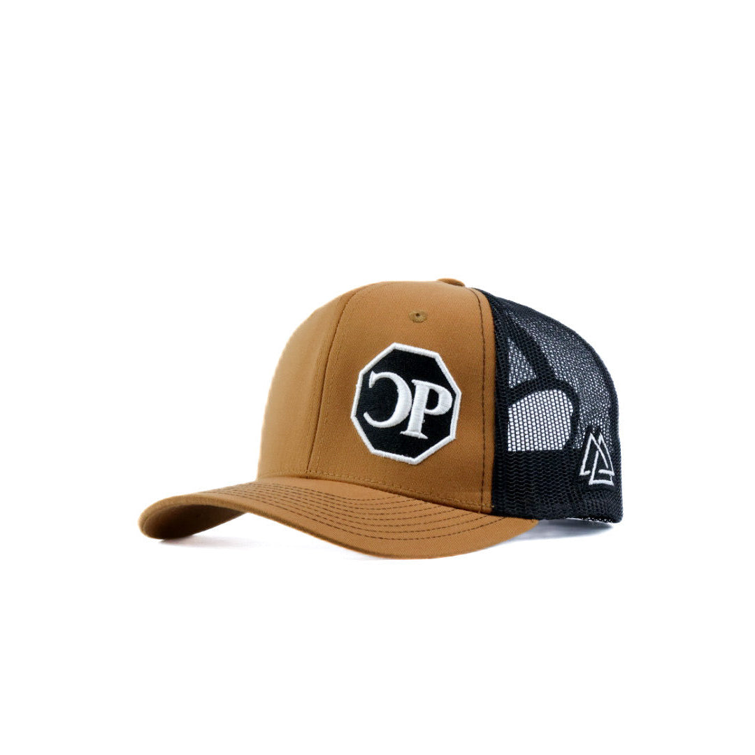 tan and black cap with cp logo