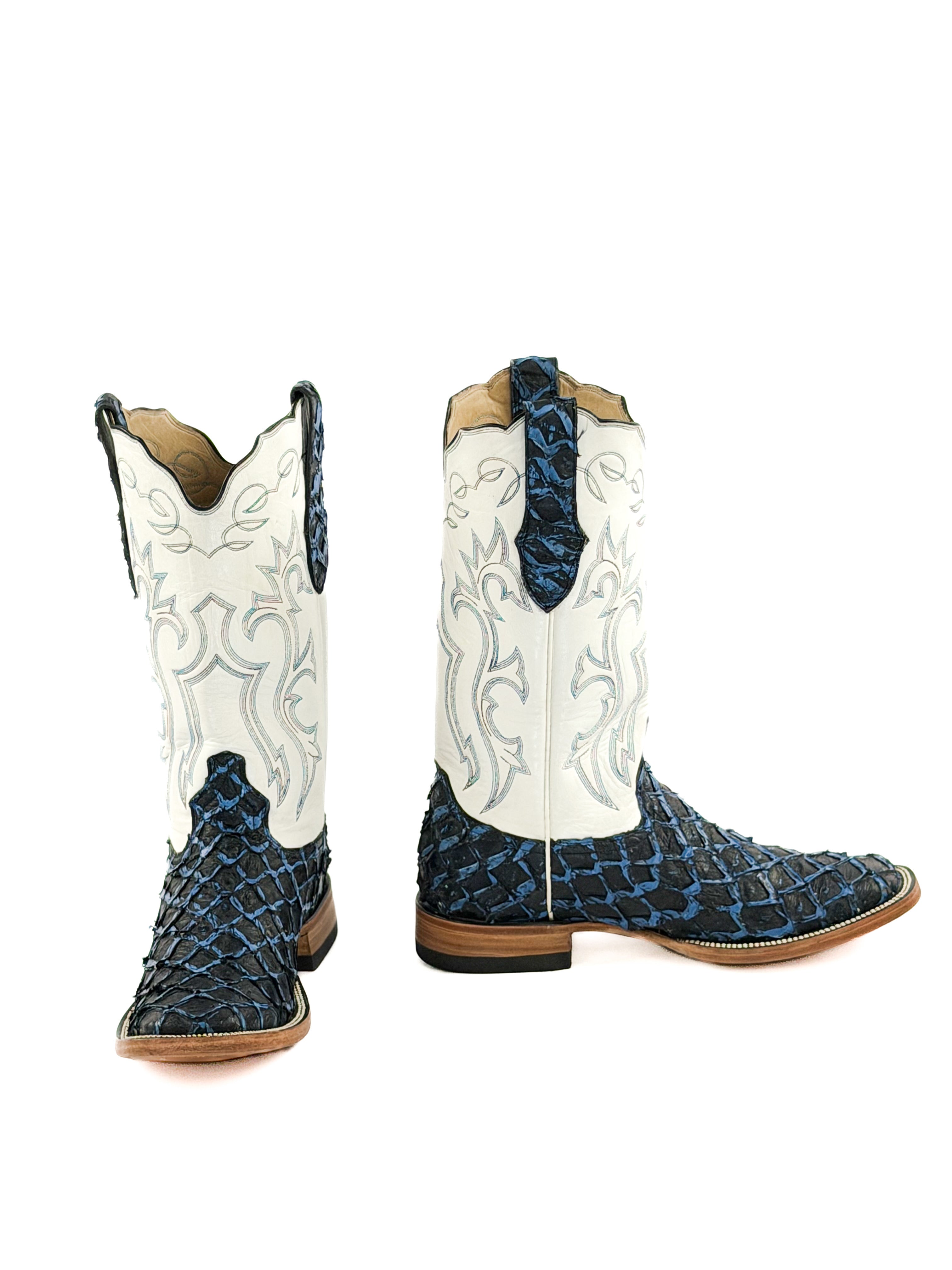 Pair of blue fish square toe boots with white leather shaft and blue stitching