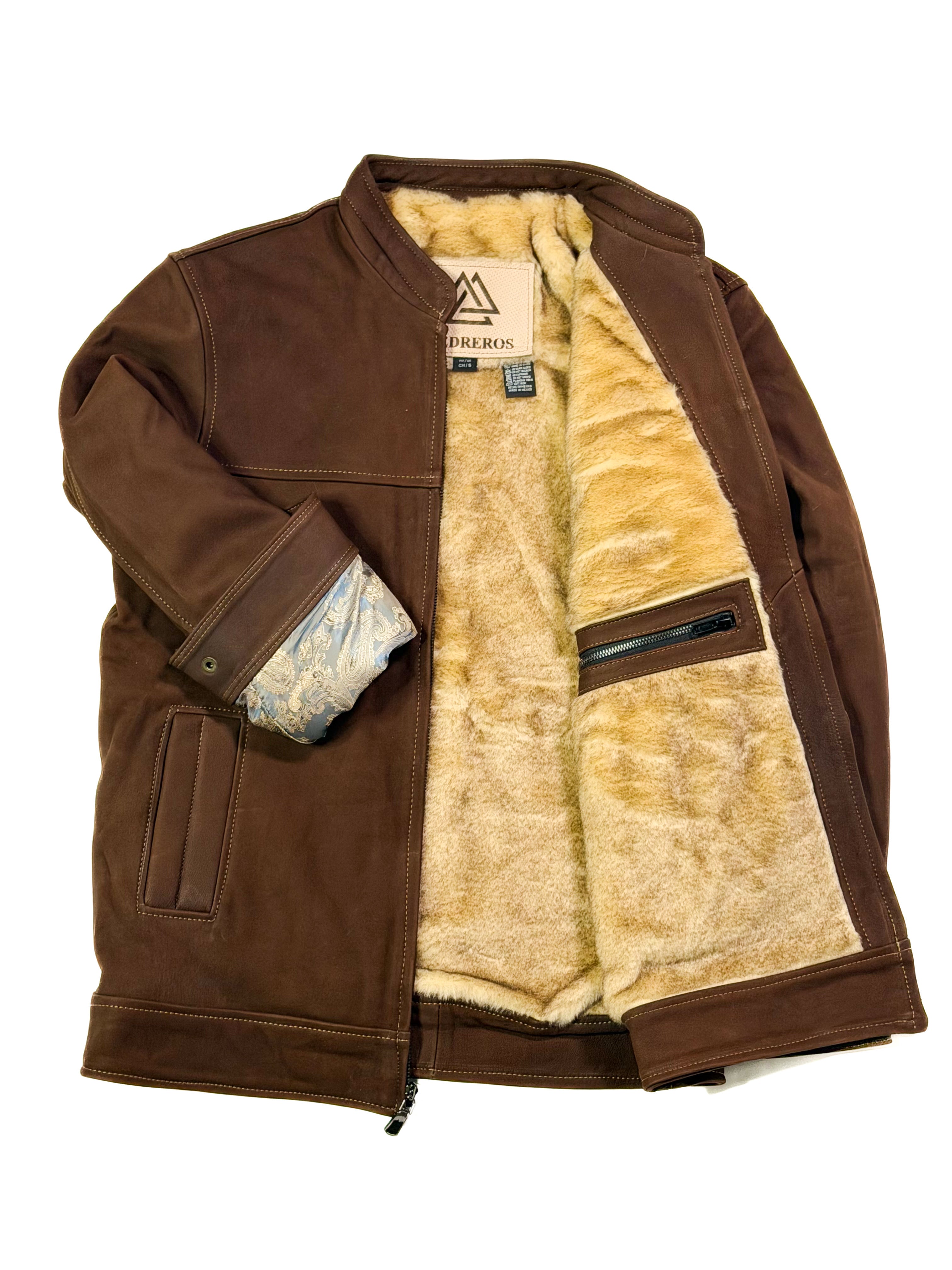 Brown leather jacket with beige fur inner lining on a white background