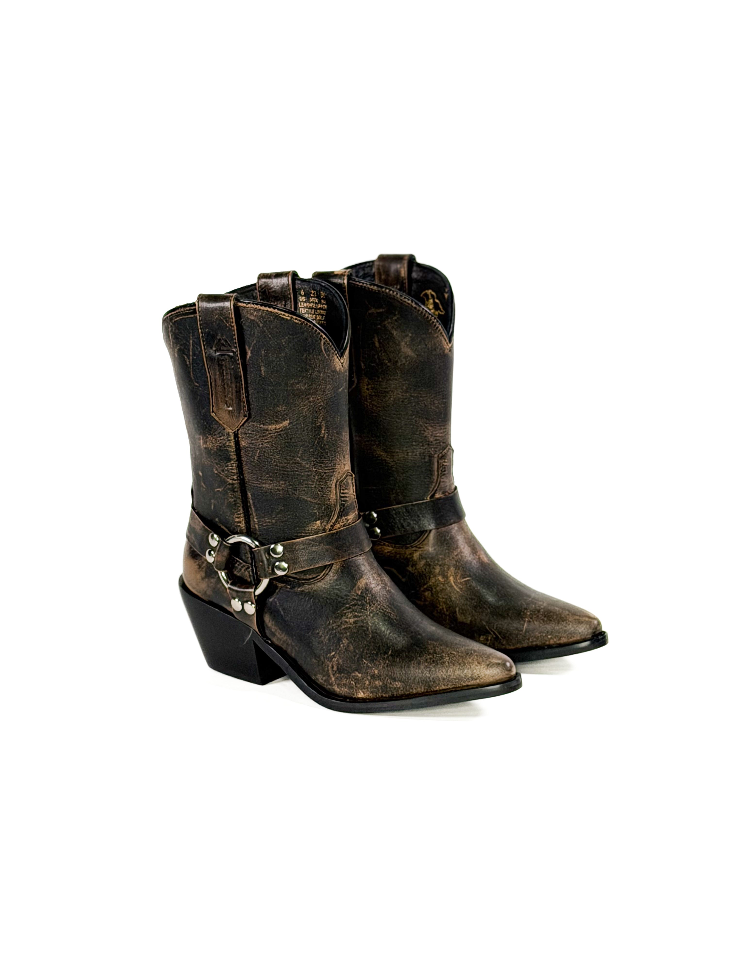 Pair of brown leather cowboy boots with a decorative buckle on a white background