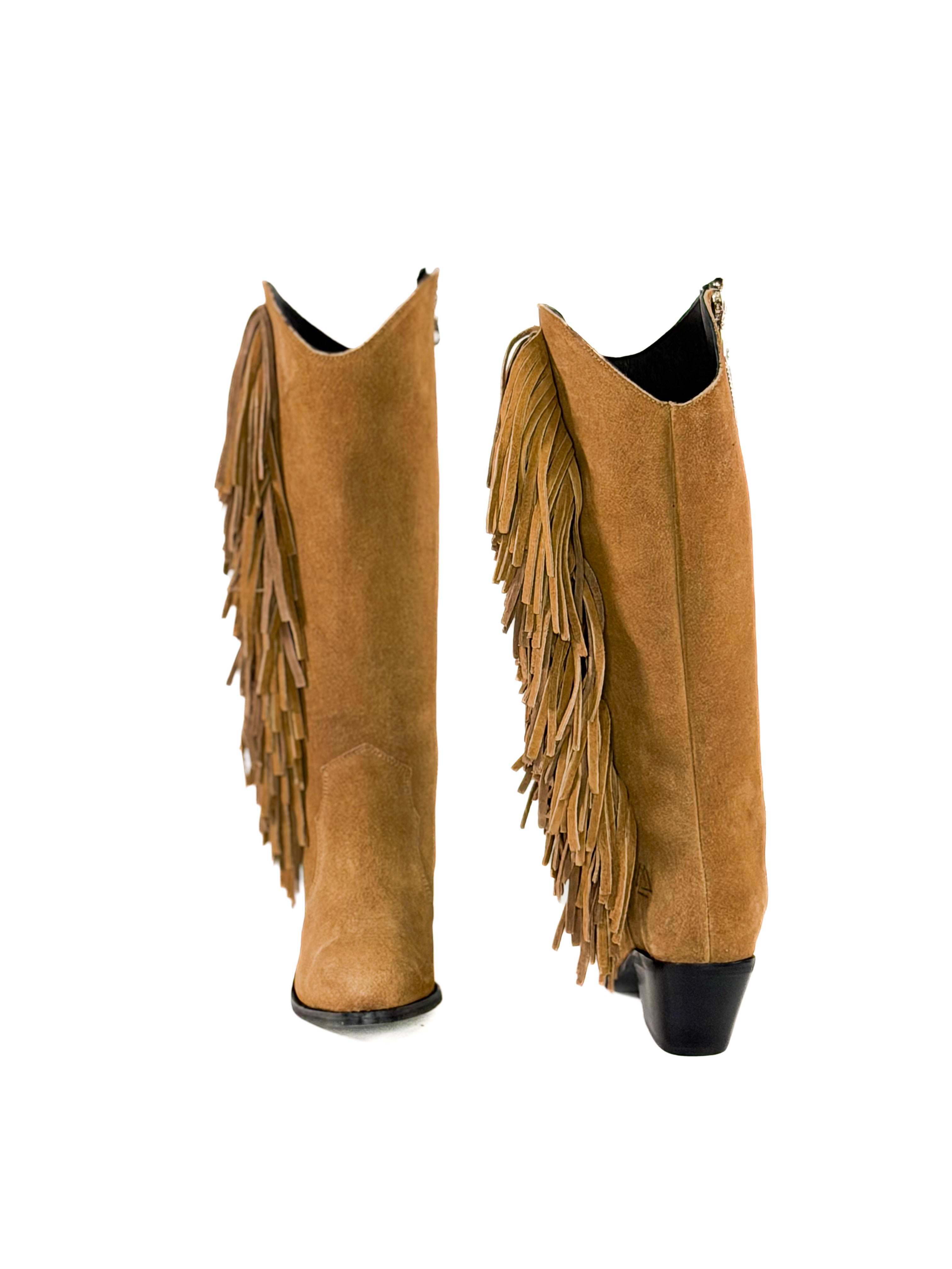 Tan fringe zipper suede leather cowgirl boots 