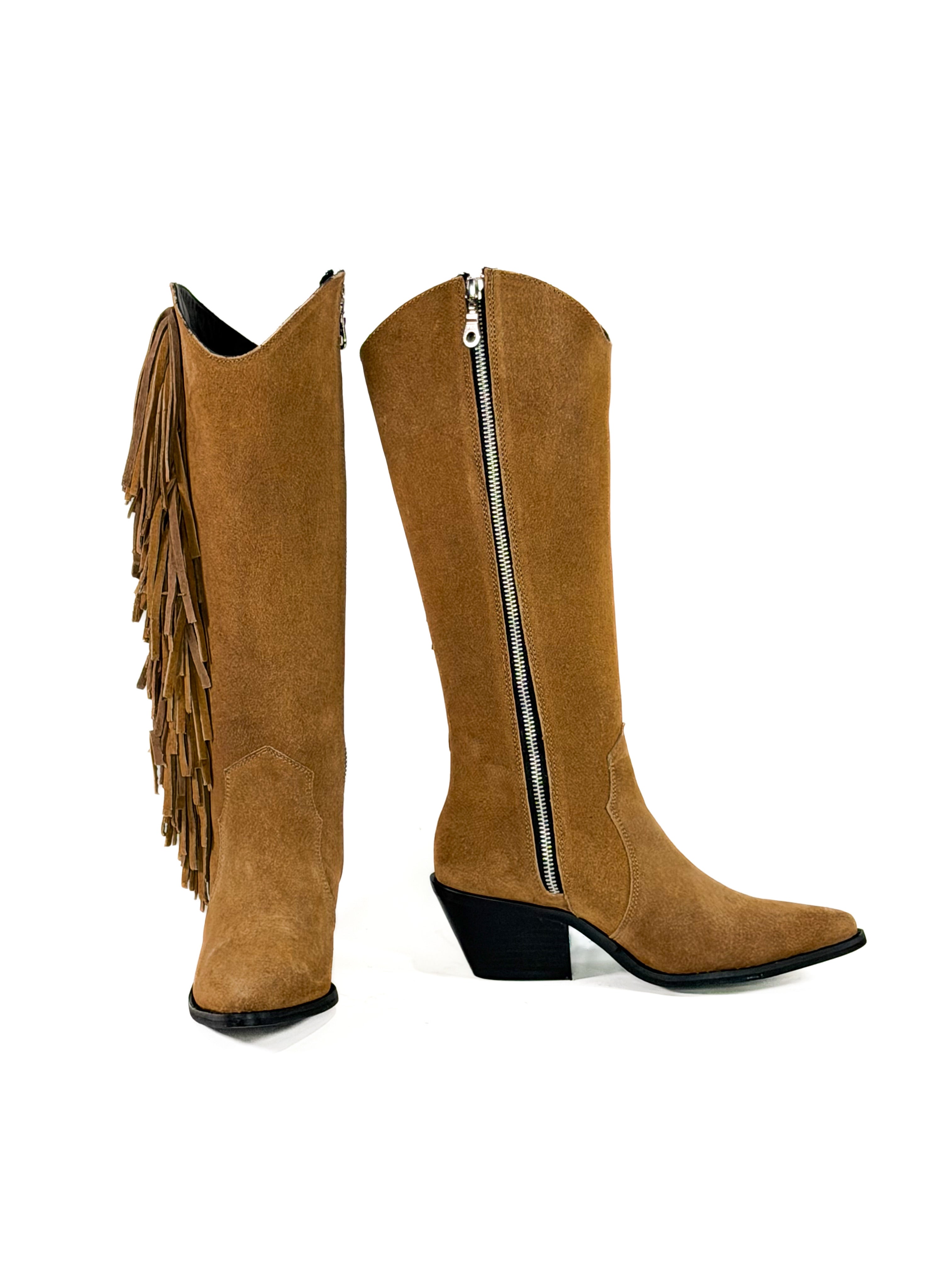 Tan fringe zipper suede leather cowgirl boots 