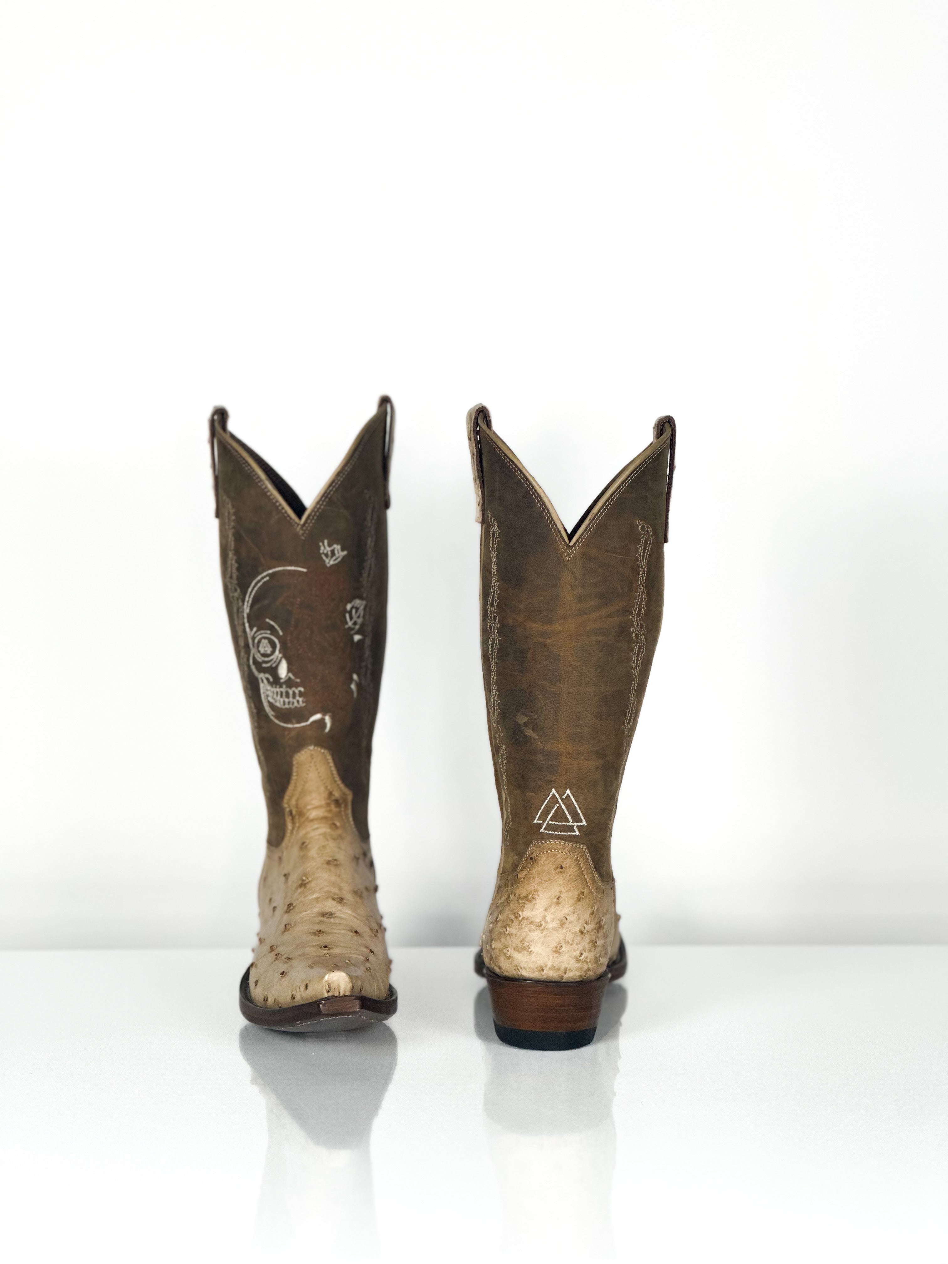Monroe Ostrich Boots — angled view of handmade ostrich boots