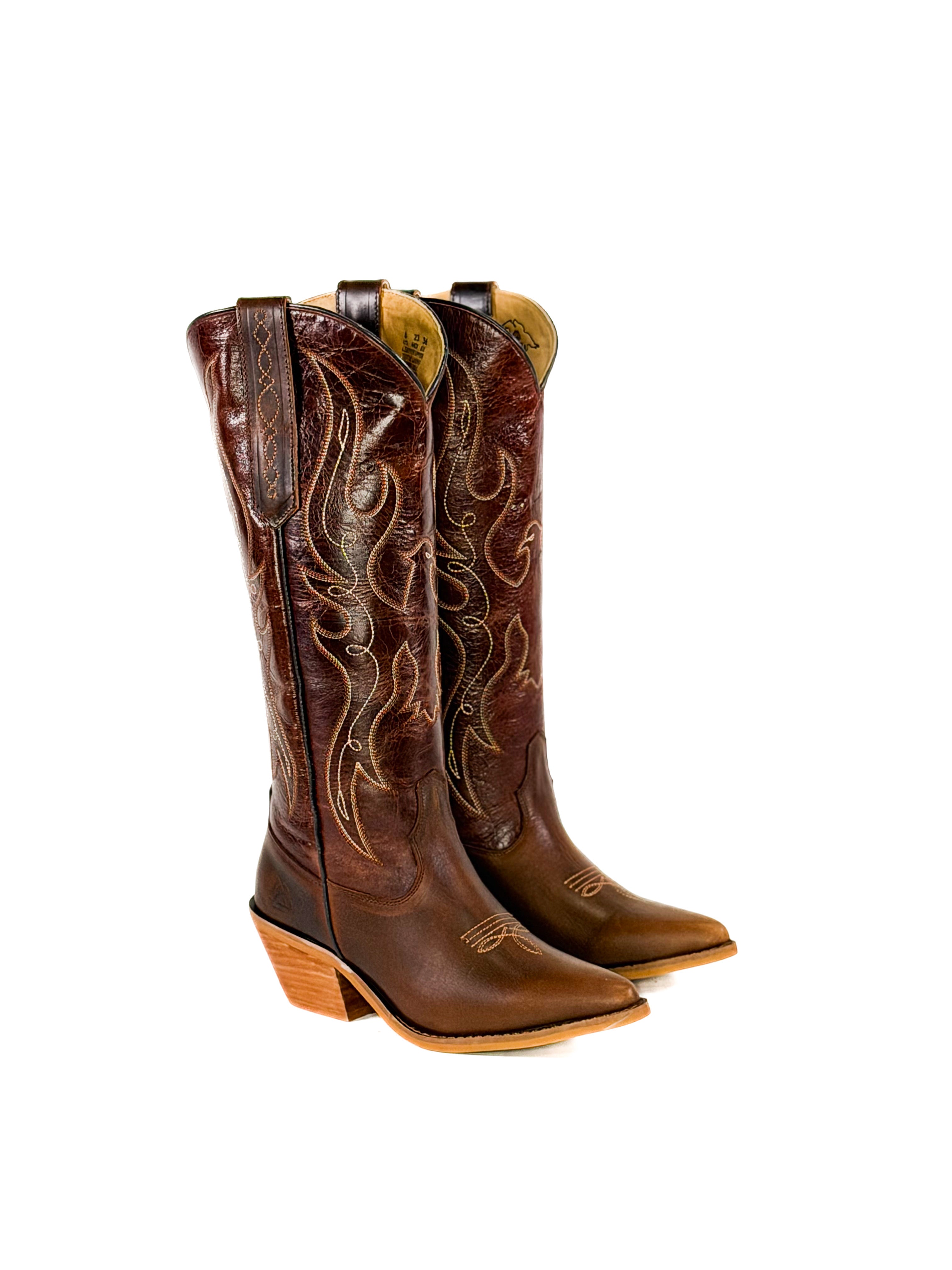 Brown red leather cowgirl boots