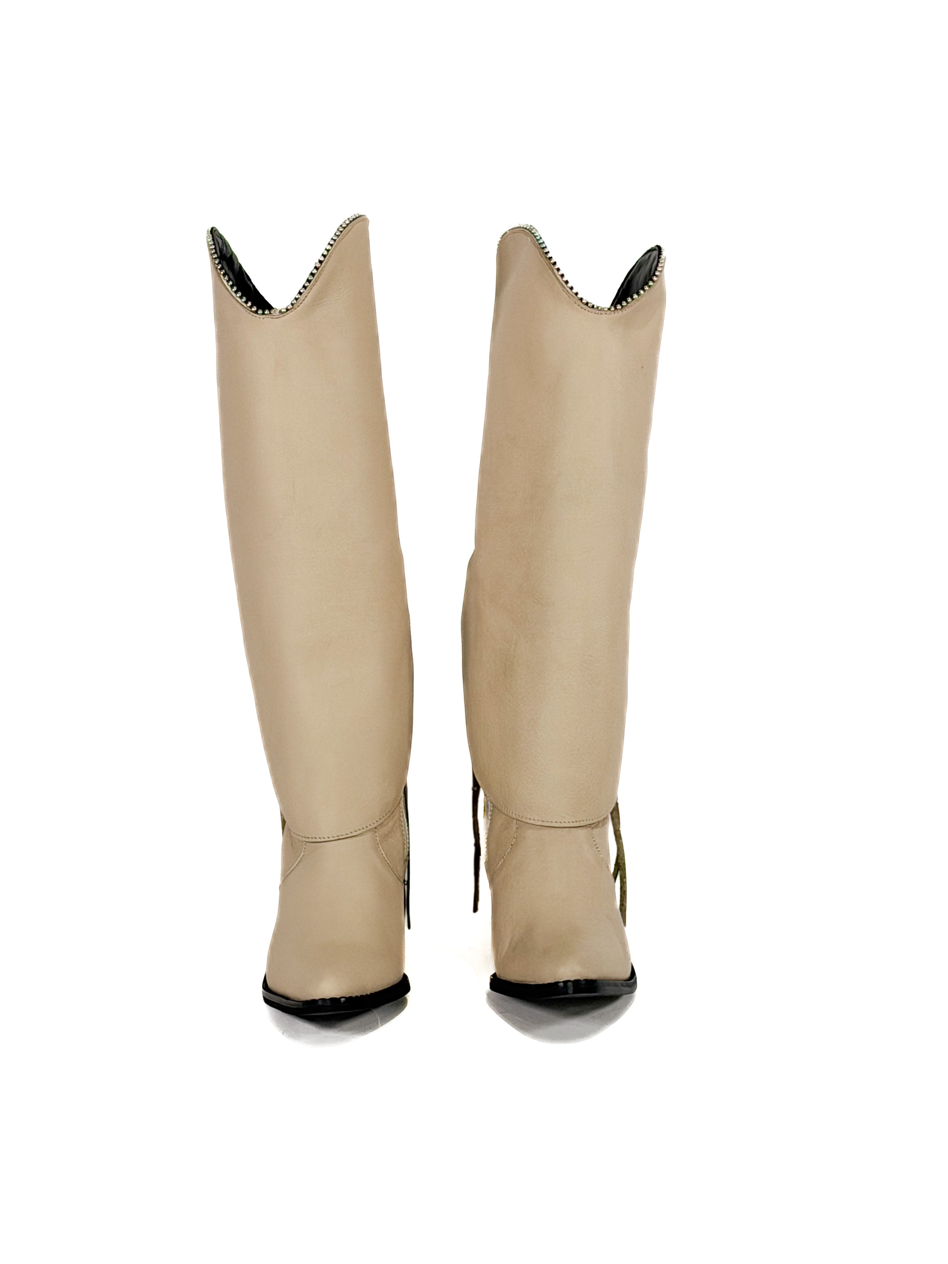 Pearl fringe studded zipper leather cowgirl boots