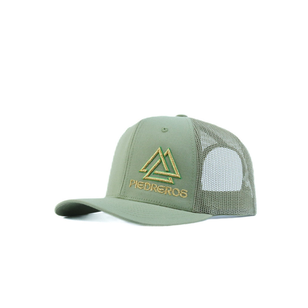 green mesh cap with gold and and green logo