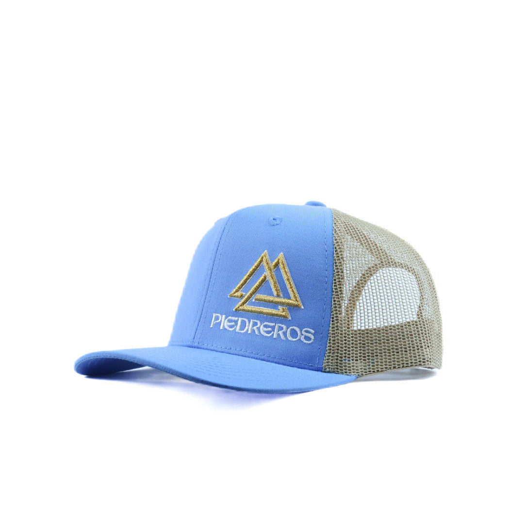 Blue and beige mesh cap with gold and white logo