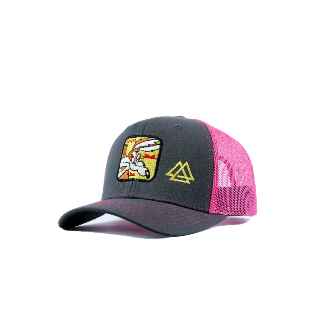 Gray and pink cap with coyote and  piedreros logo