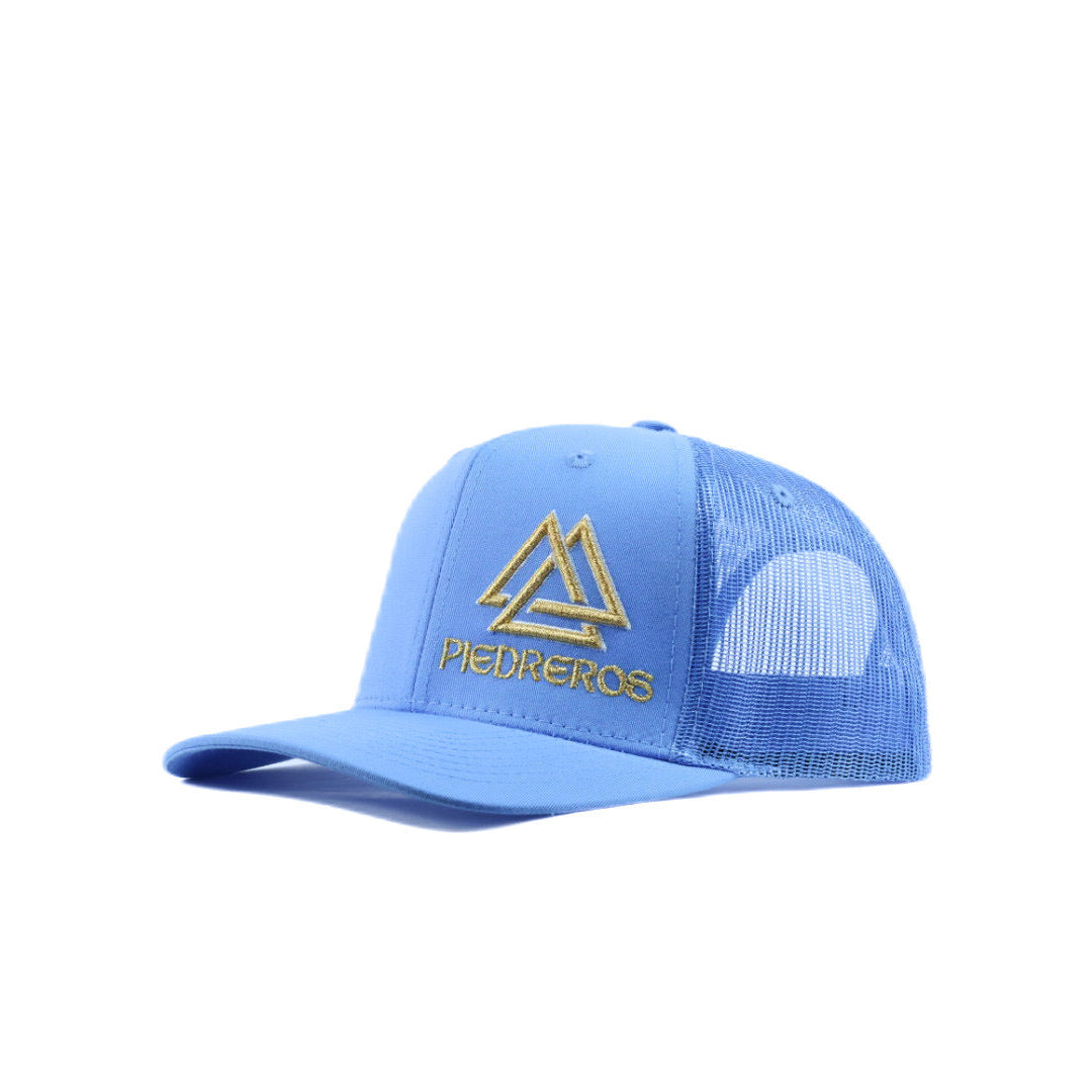 Blue mesh cap with gold and white logo