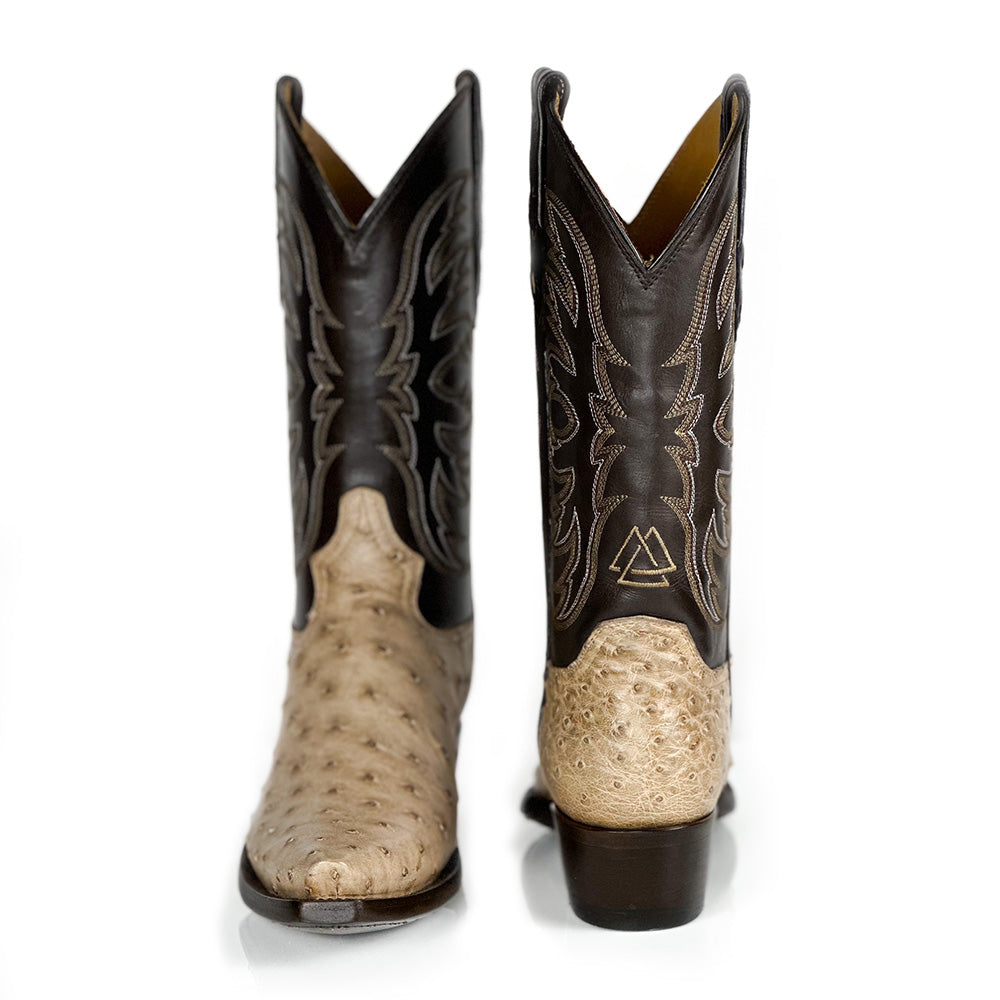 Gardenia- Ostrich Boot — angled view of handmade ostrich boots