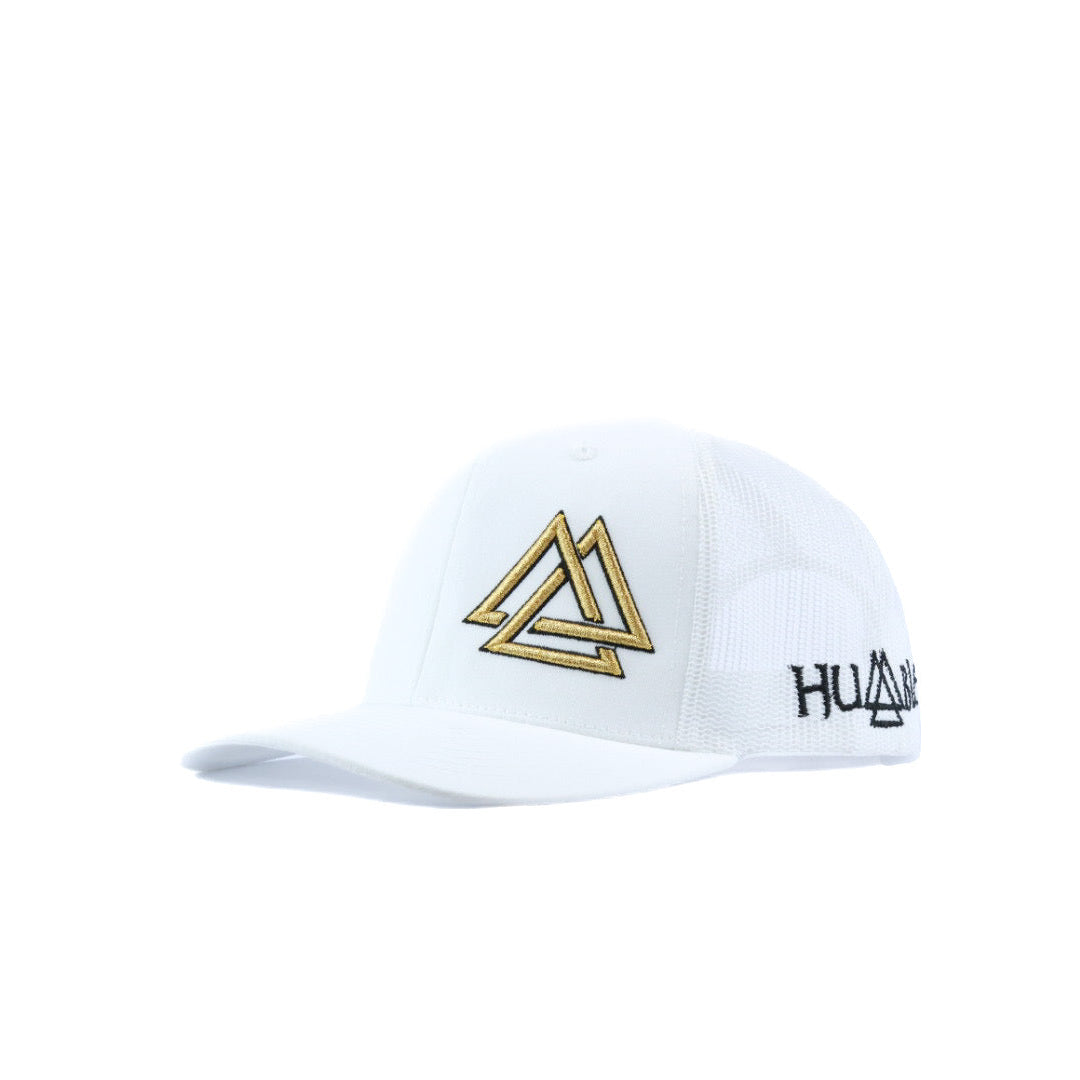 White cap with gold and black triangle logo 