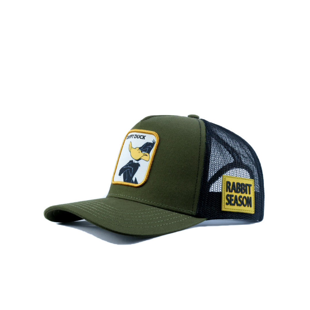 green cap with daffy druck cap and rabbit season patch