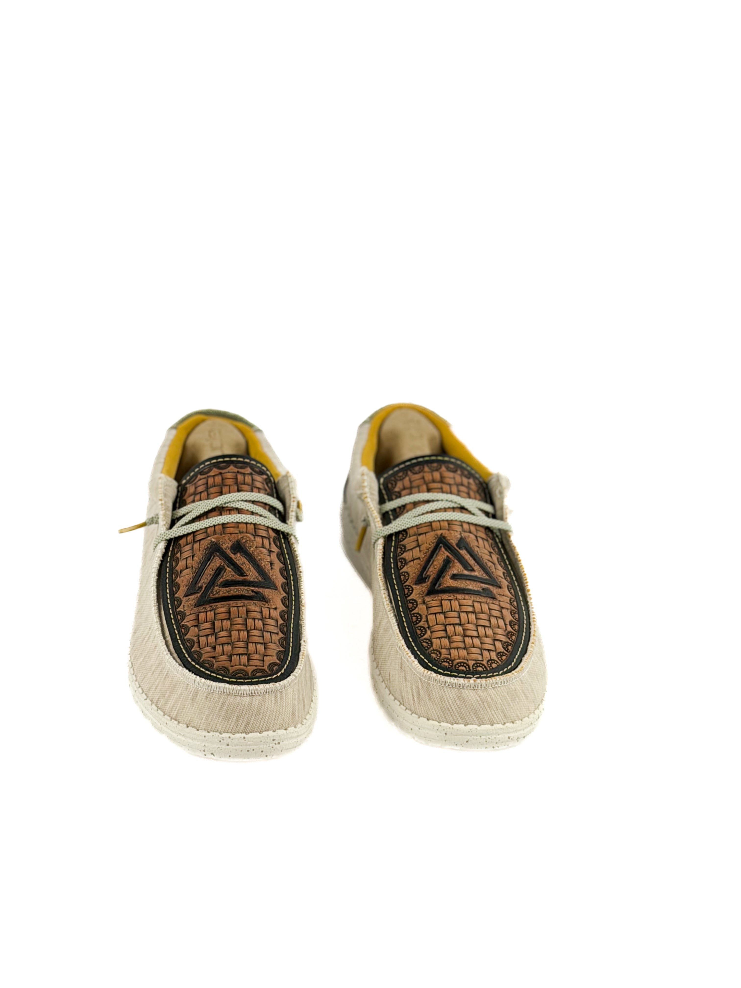 Grey hey Dudes with olive green and hand tooled piedreros logo