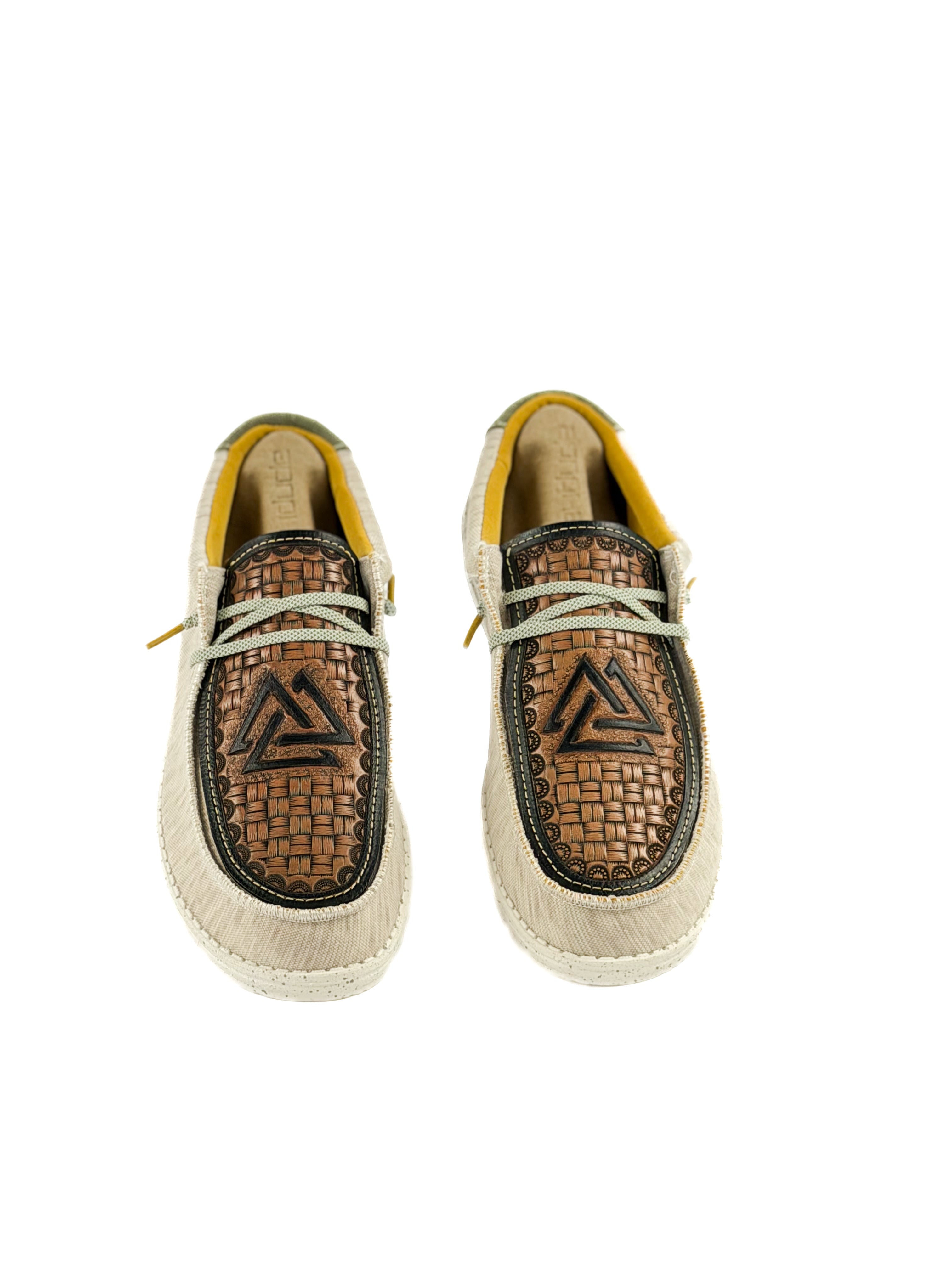 Grey hey Dudes with olive green and hand tooled piedreros logo
