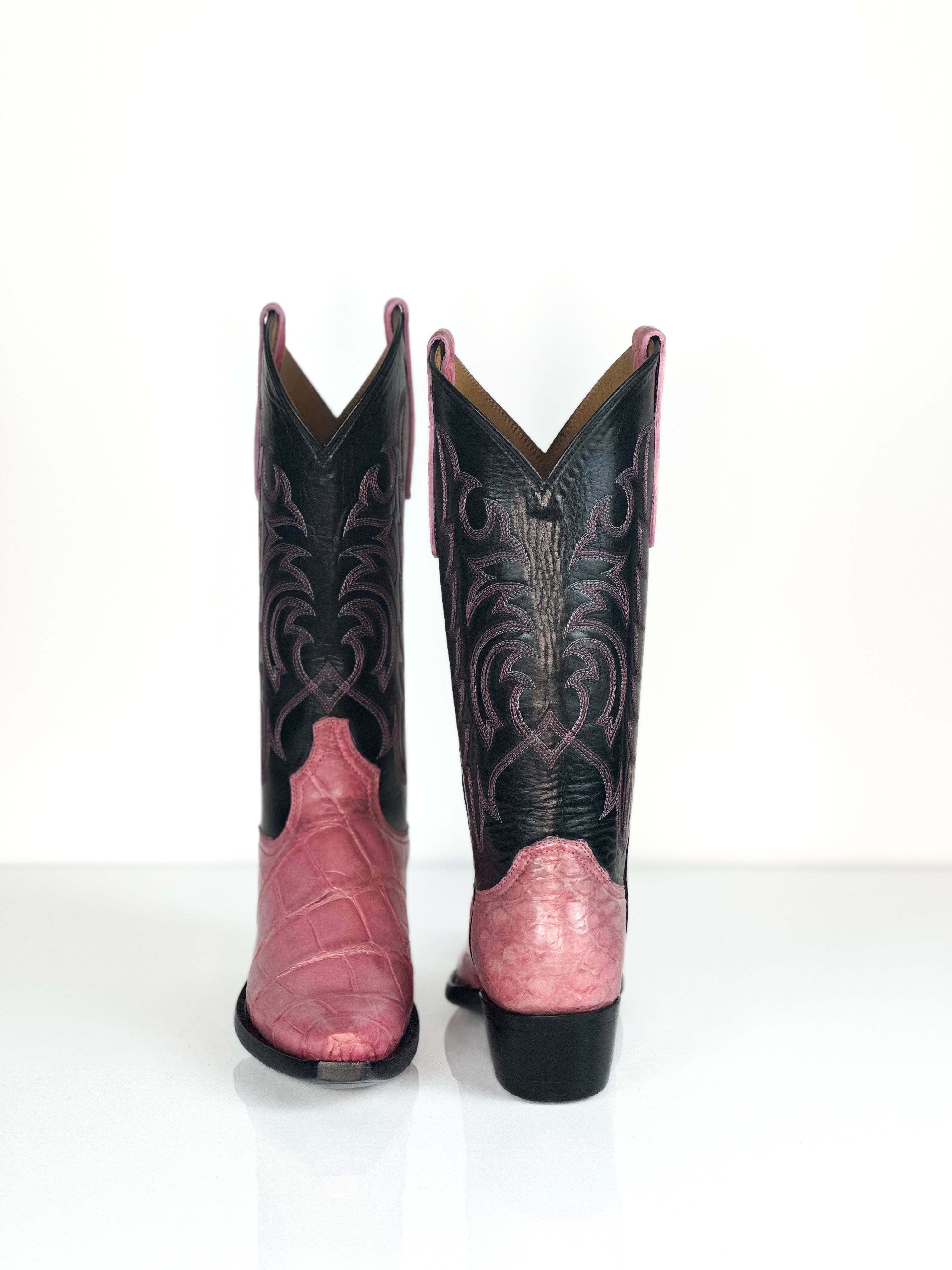 Bubble Pink Boots — angled view of handmade western boots
