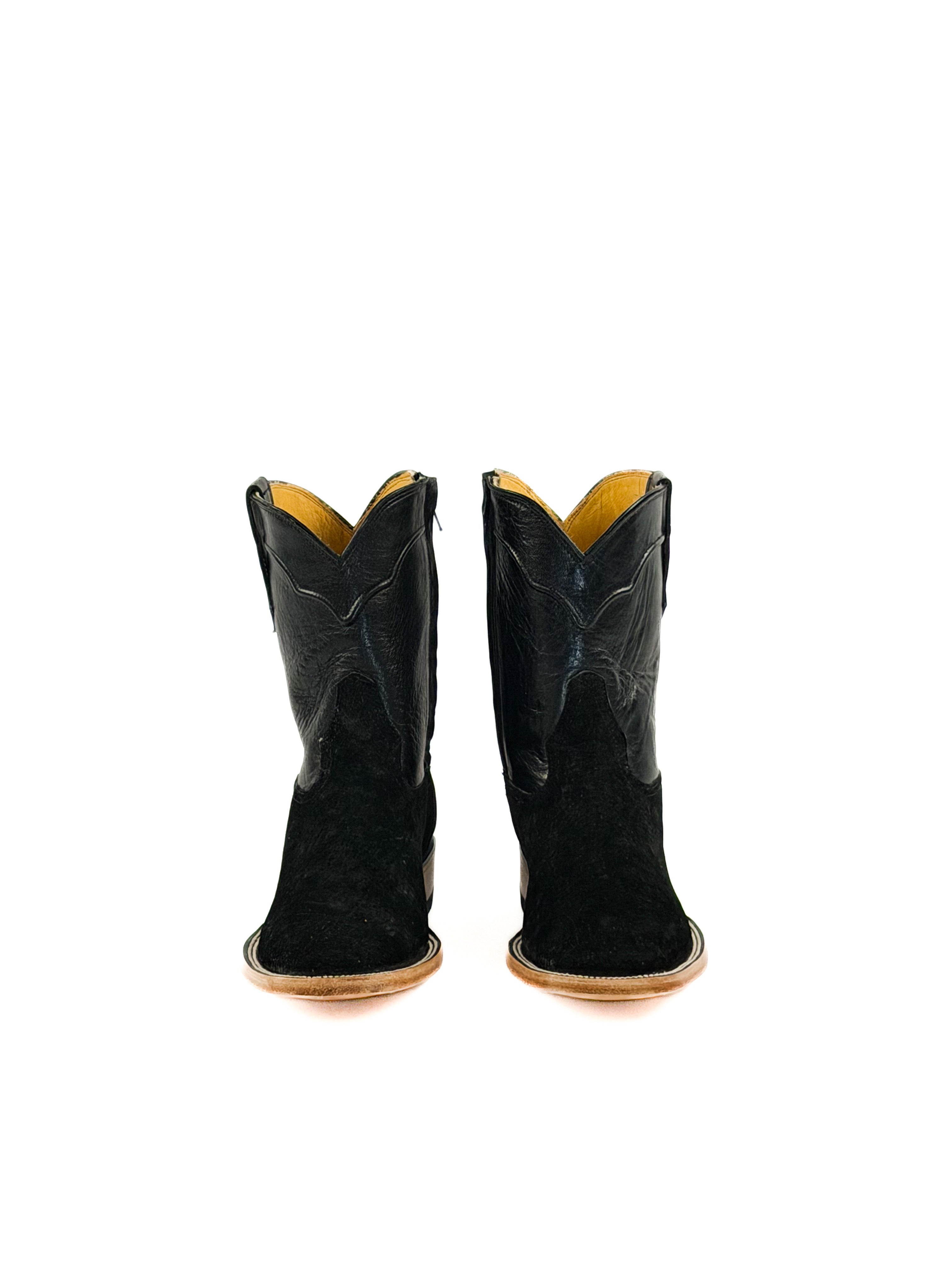 Pair of black suede square toe boots with leather black shaft