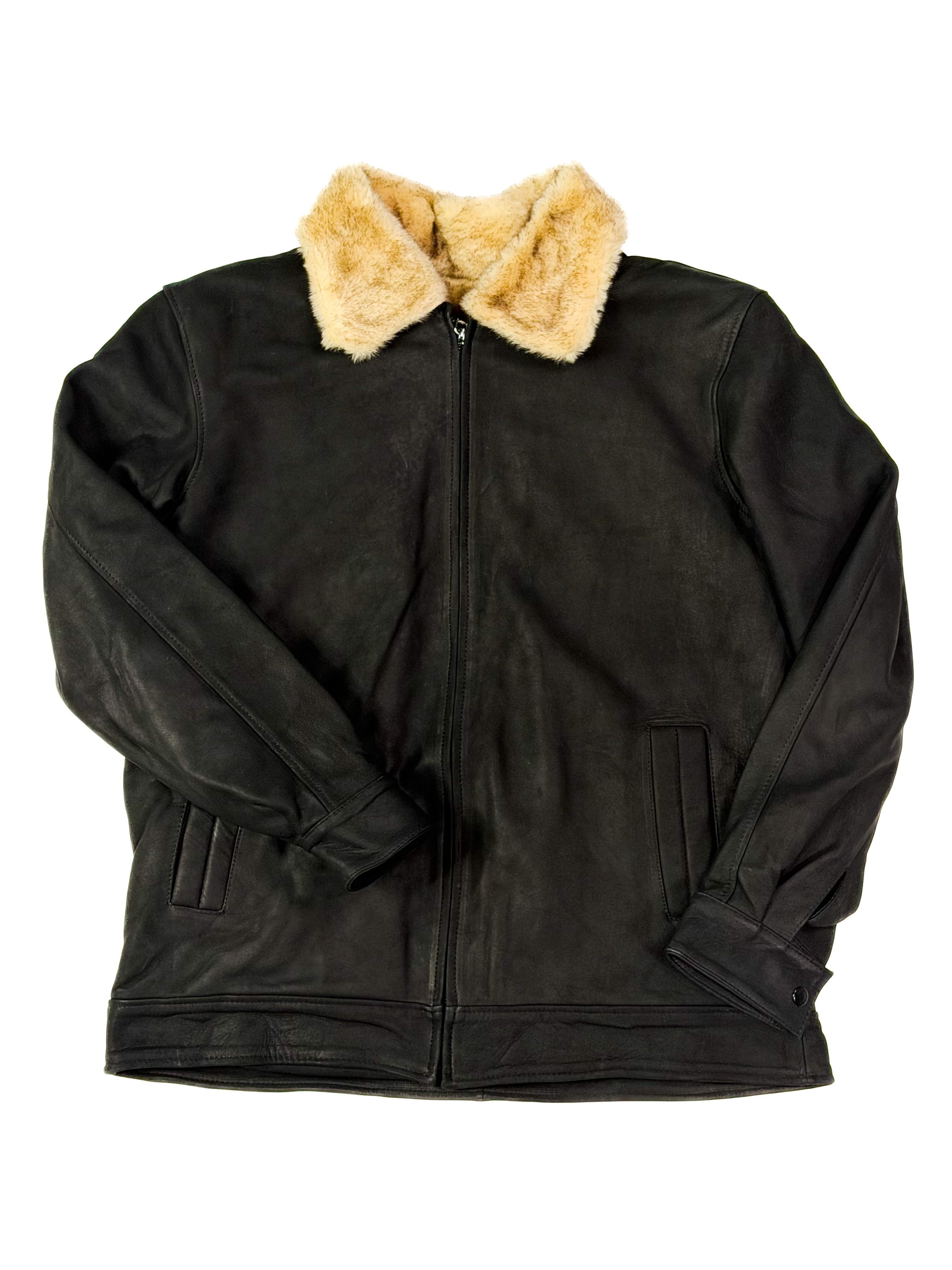 Black jacket with beige fur collar 