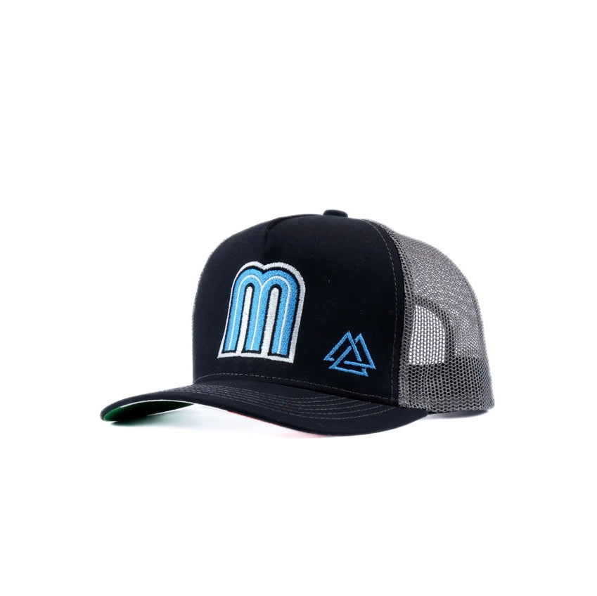 Black and gray mesh cap with mexico logo and flag underneath the brim