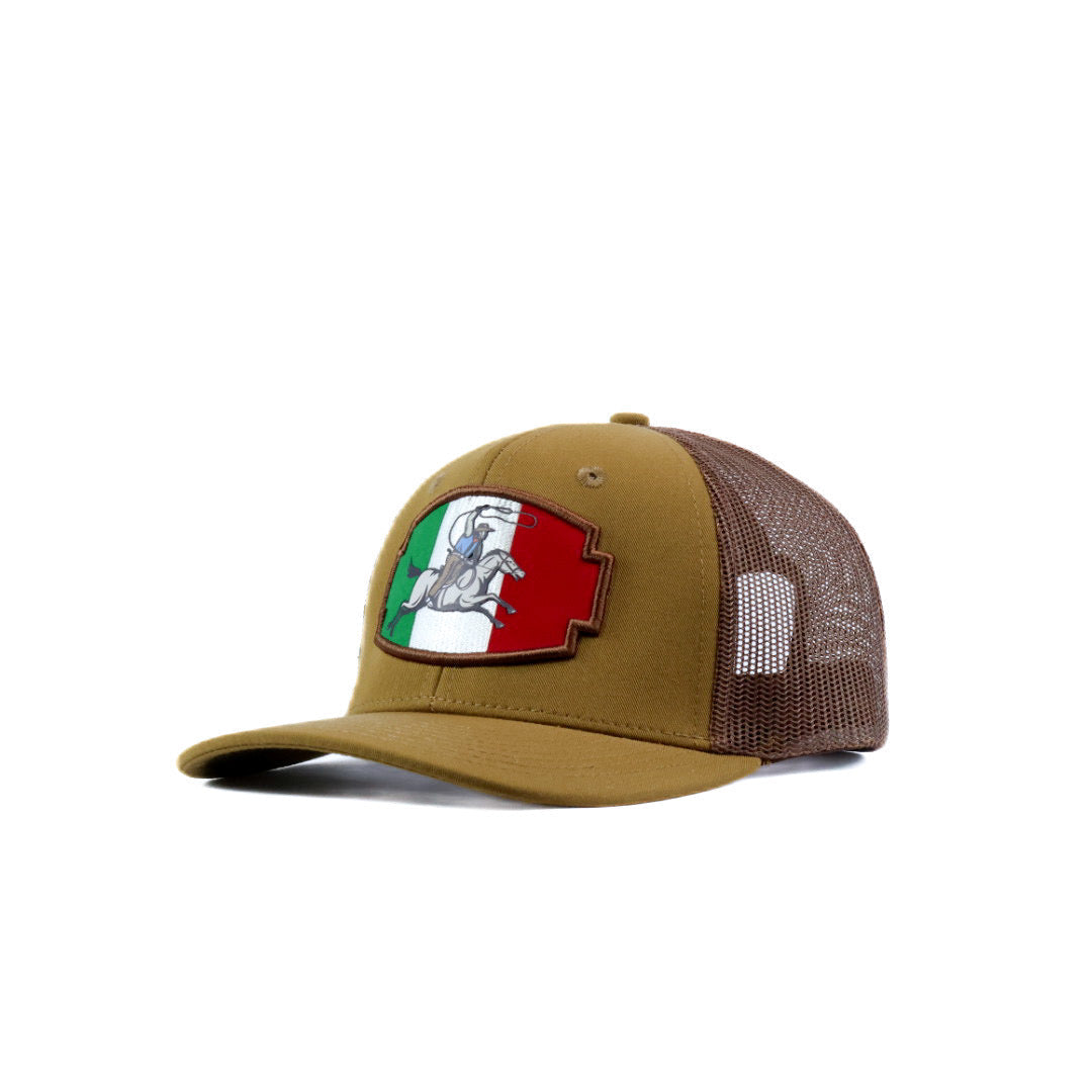 Brown cap with a red, white, and green flag and cowboy rider