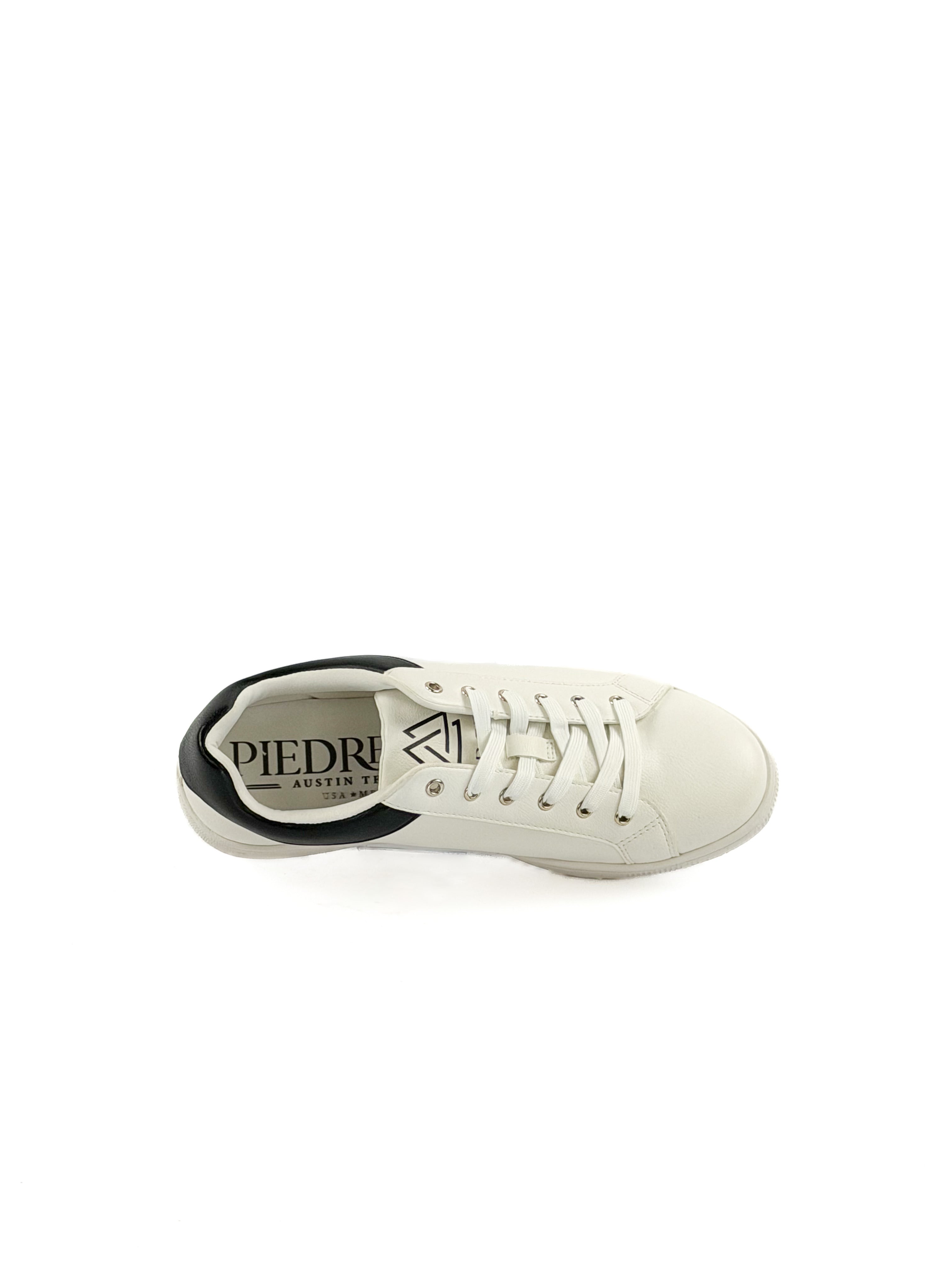 White and black casual sneakers with shoe laces
