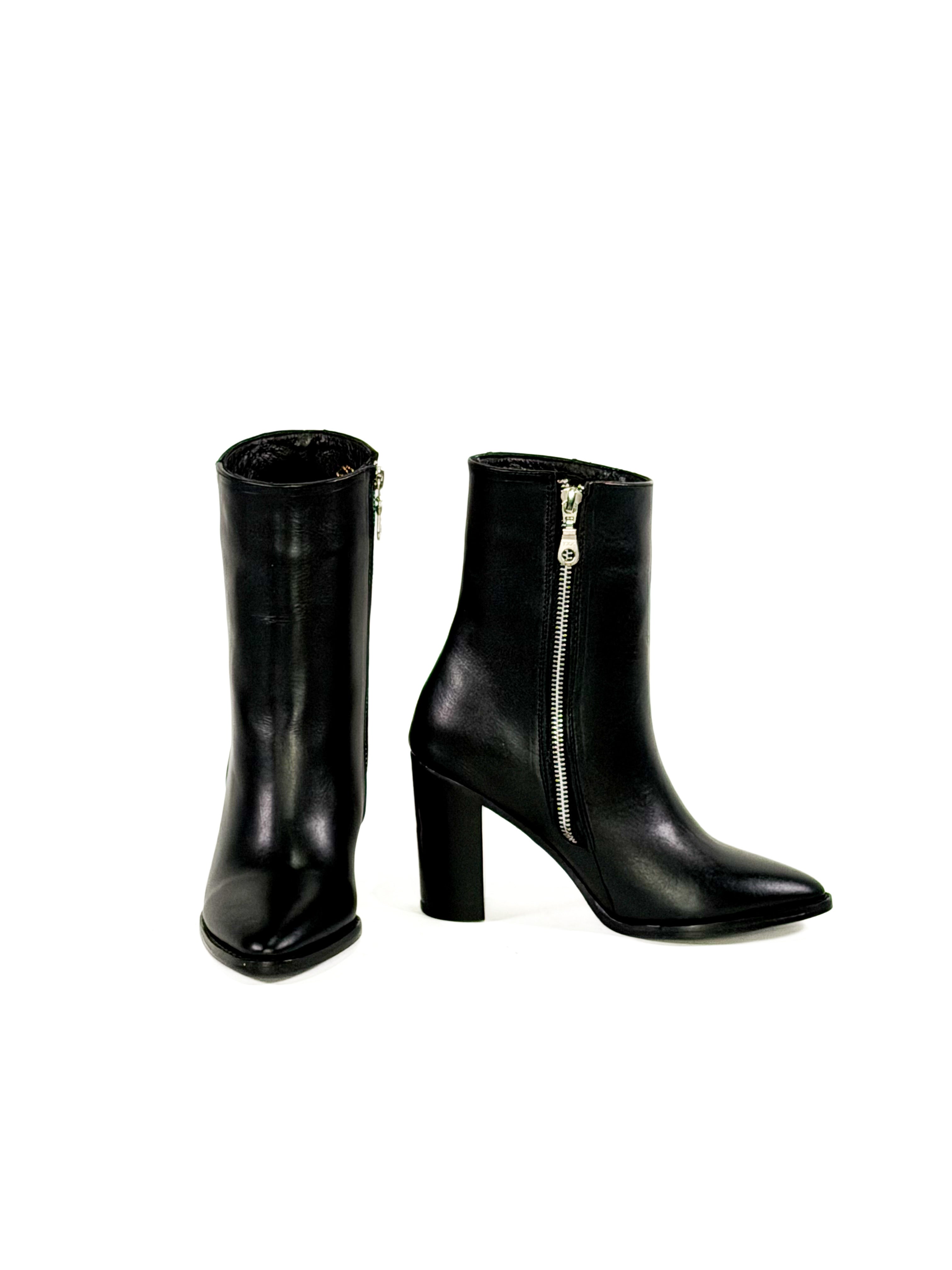 Black leather heel boots with zipper details 