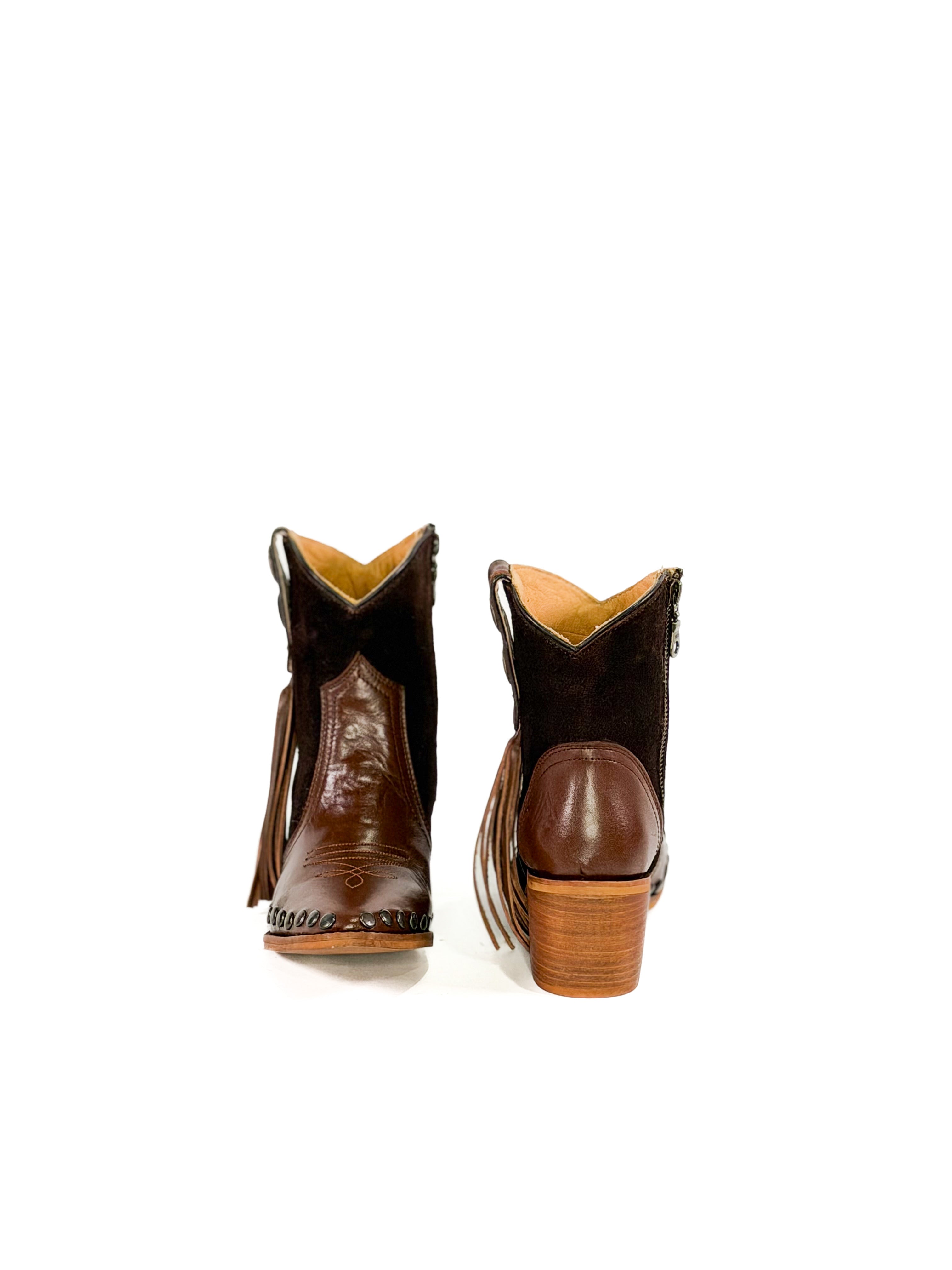 Brown leather ankle cowgirl booties