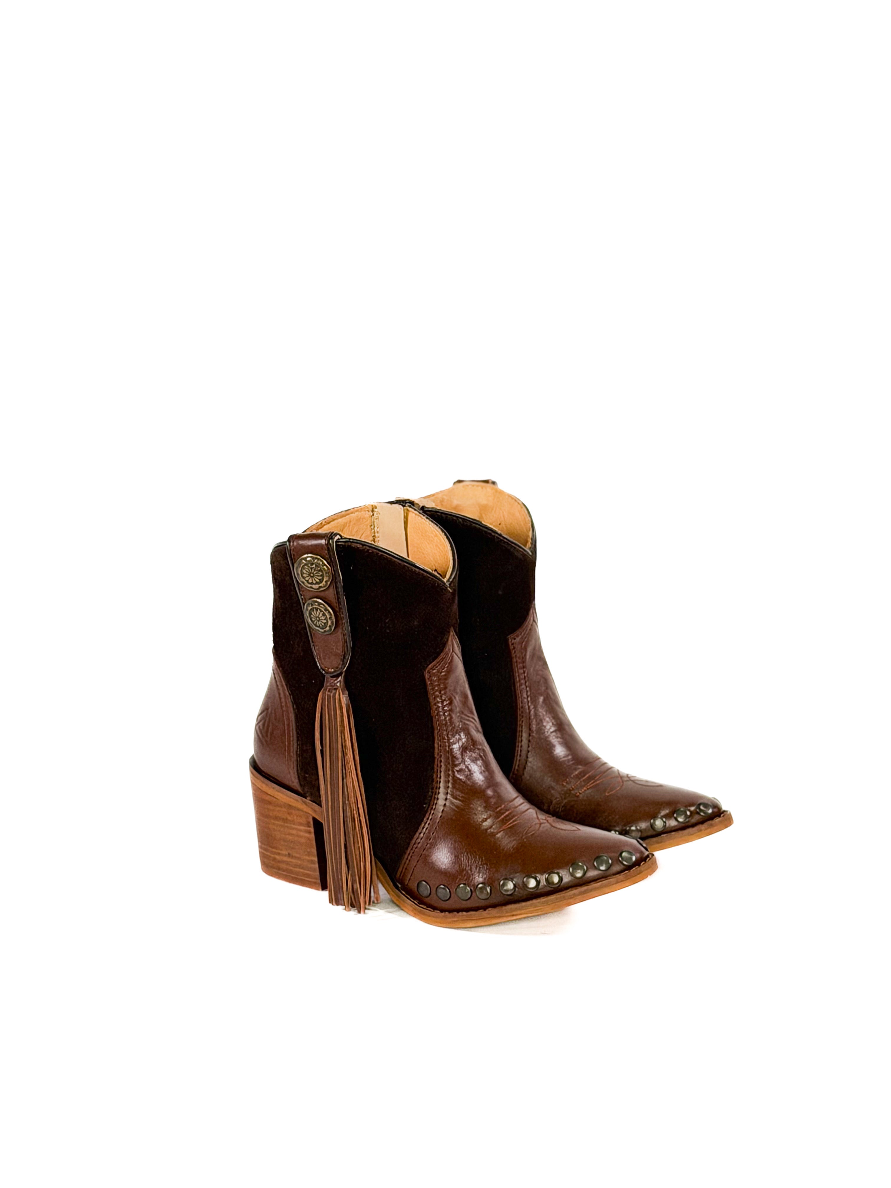 Brown Leather cowgirl studded ankle booties