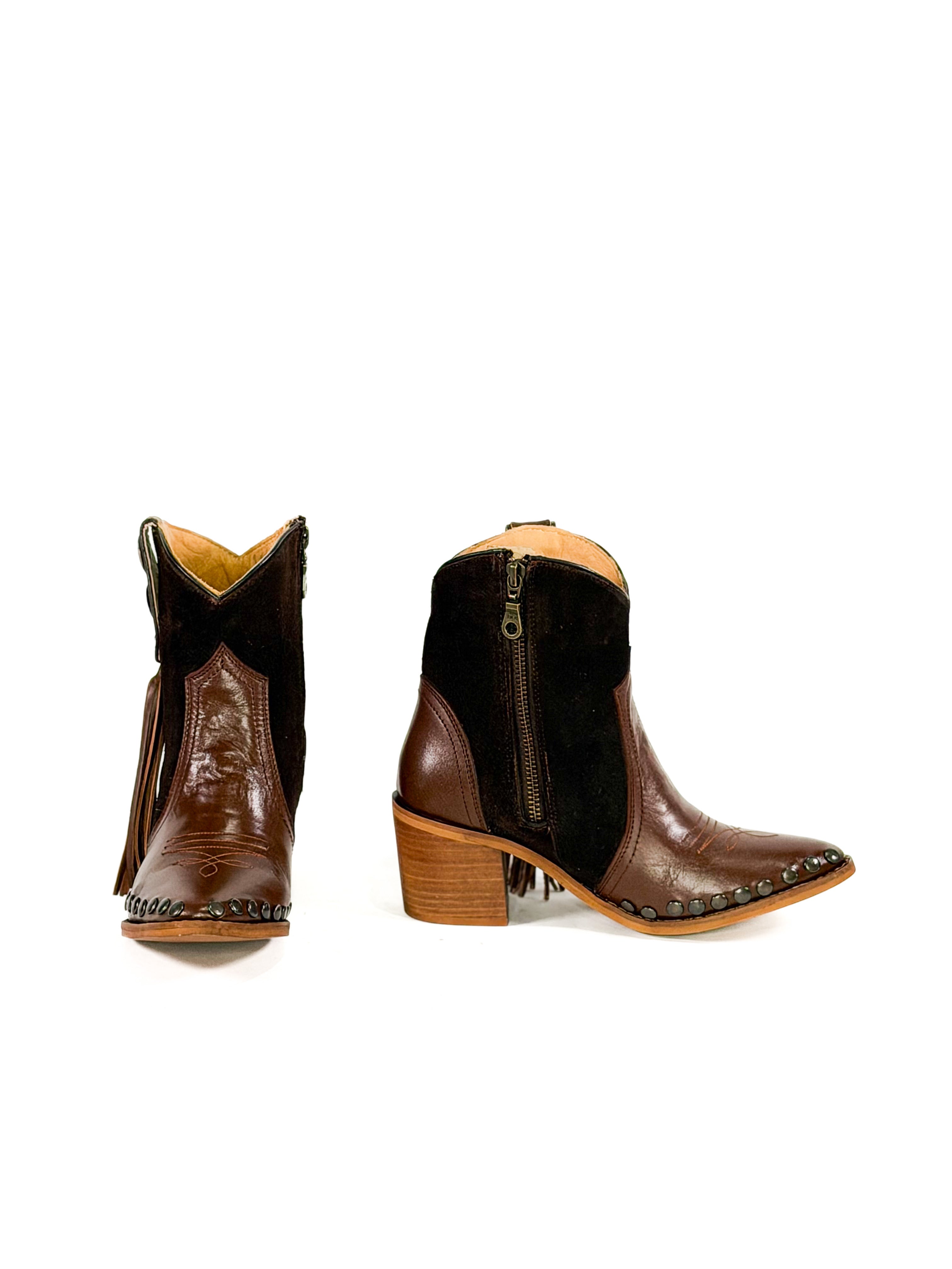 Brown leather studded cowgirl ankle booties
