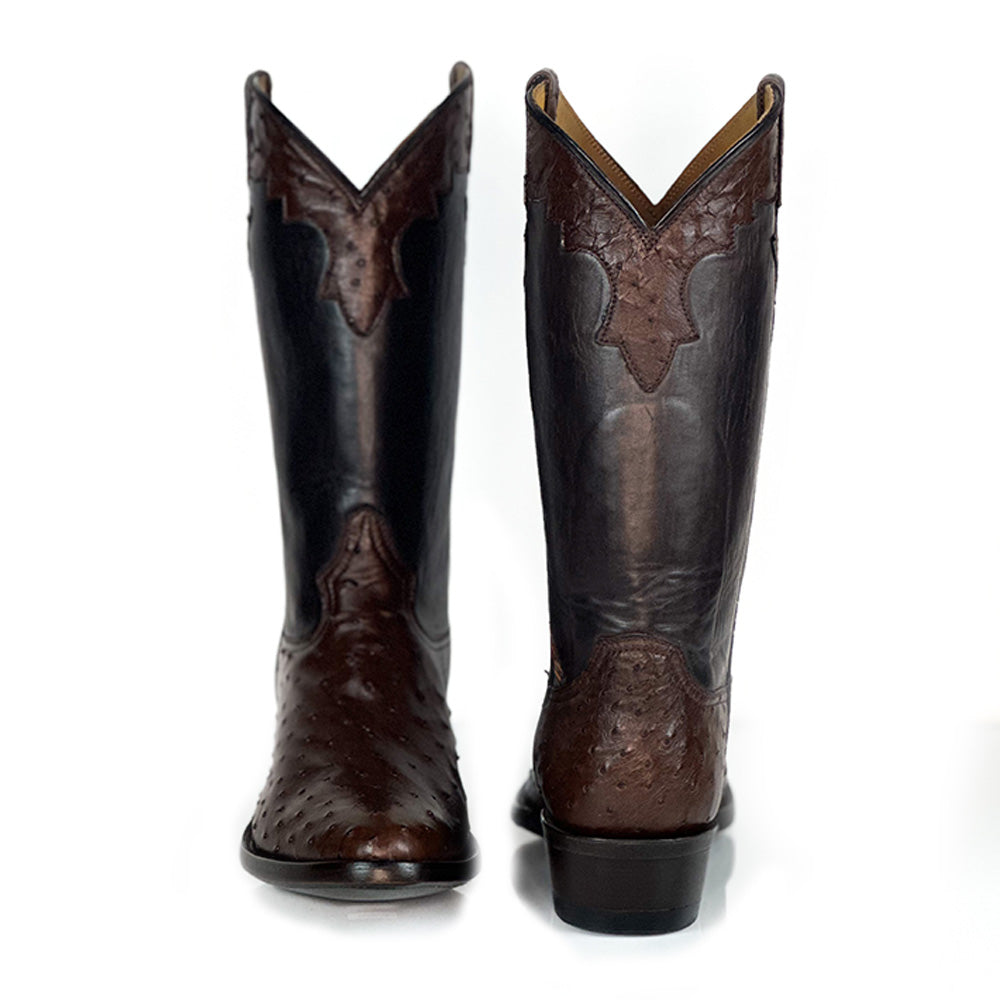 Ostrich- Buck Brown Boot — angled view of handmade ostrich boots