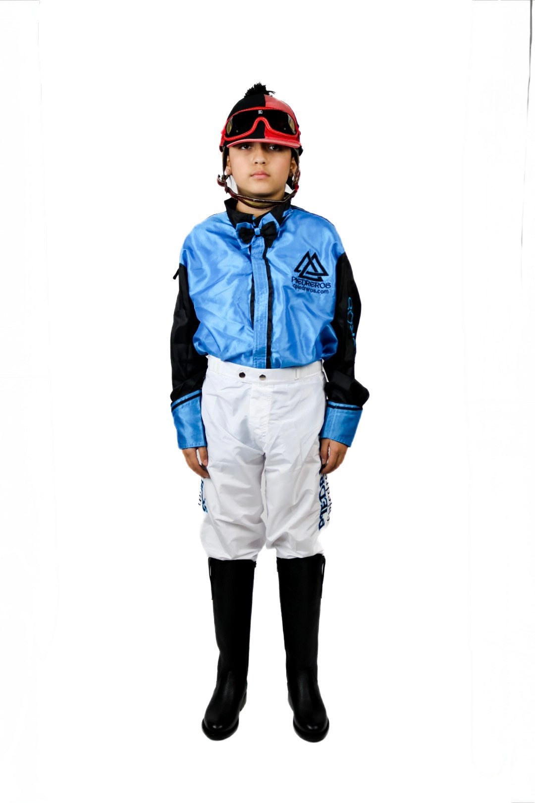 Person wearing a blue and white jockey pants