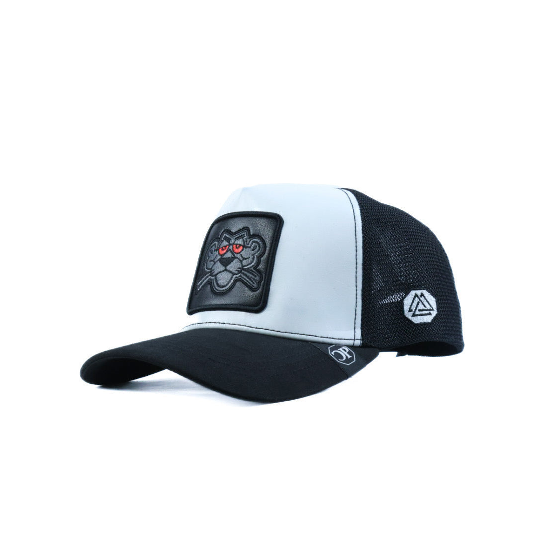 Black and white cap with a logo on a white background