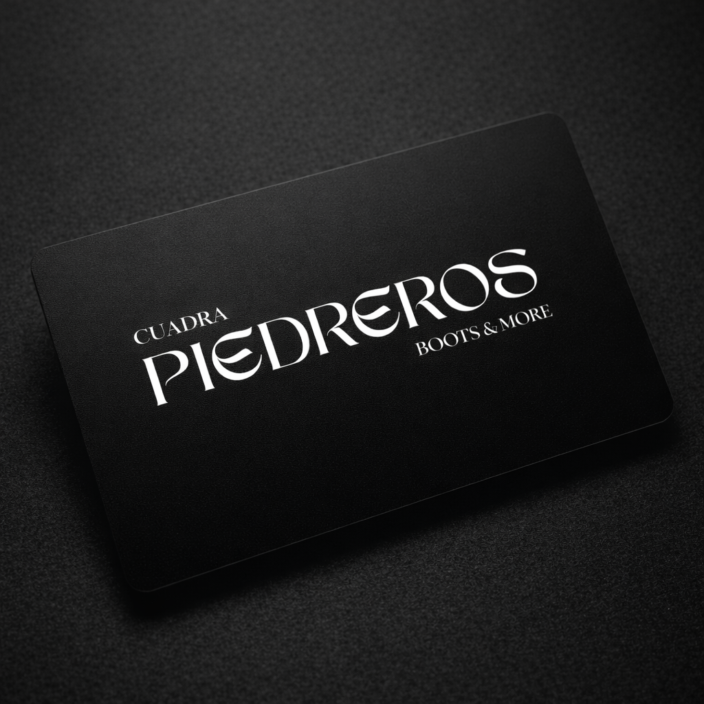 Black card with 'Cuadra Piedreros Boots & More' text on a dark textured background