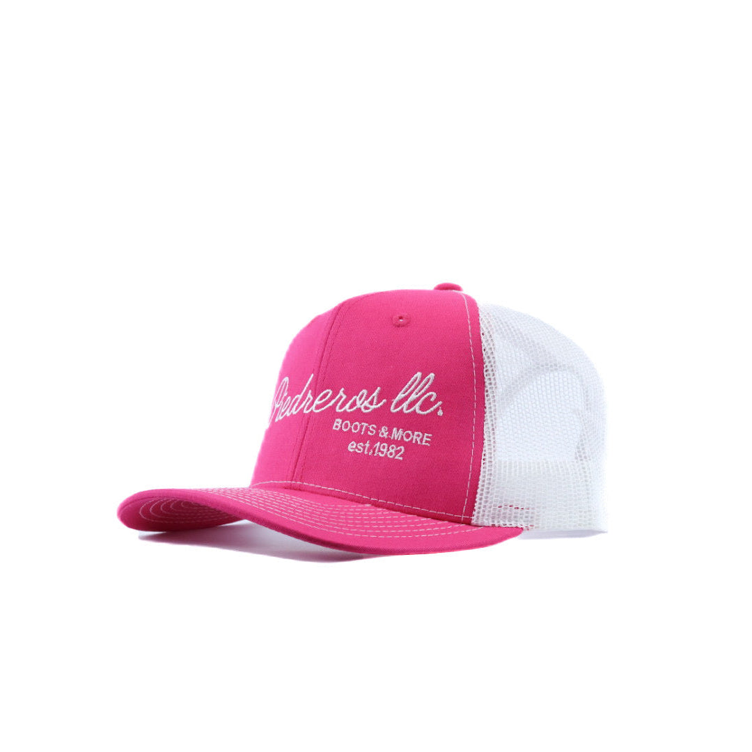Pink and white mesh cap with white logo