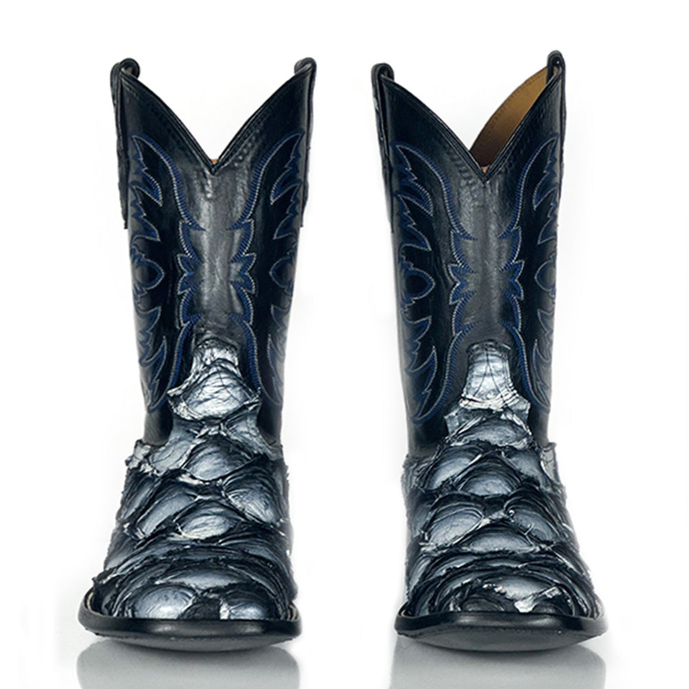 Pirarucu Fish -Orca Blue Boot — detail shot of handmade pirarucu boots