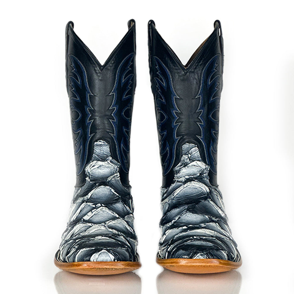 Pirarucu Fish -Orca Blue Boot — close-up of handmade pirarucu boots