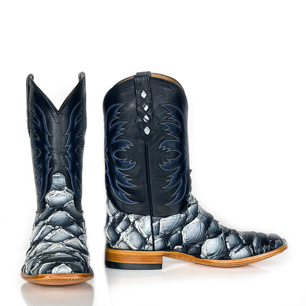 Pirarucu Fish -Orca Blue Boot — top view of handmade pirarucu boots