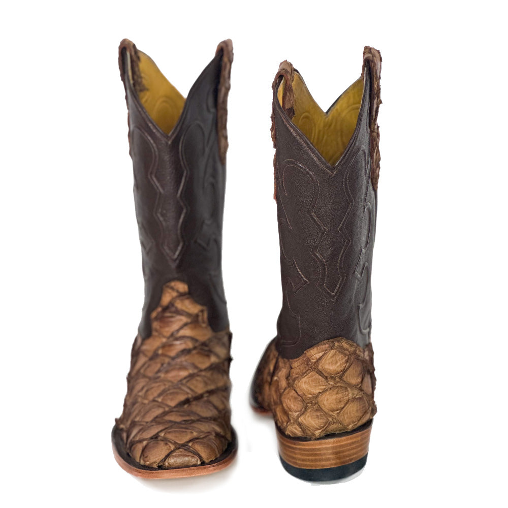 Pirarucus Cider Fish Western Boot — angled view of handmade pirarucu boots
