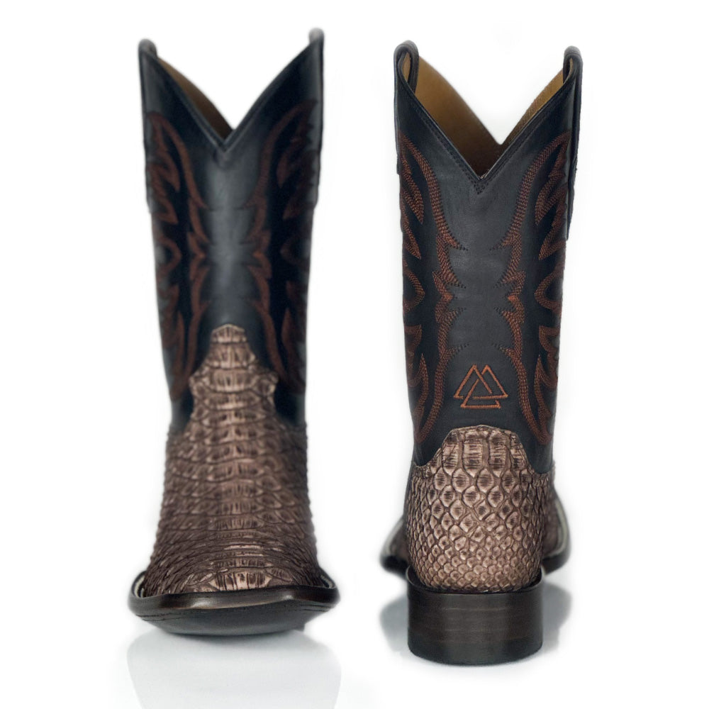 Python- Redbud Boot — angled view of handmade python boots