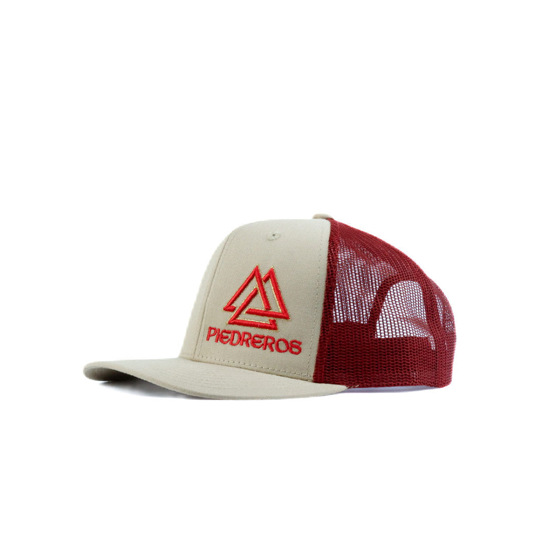 tan and red mesh cap with red and gold logo