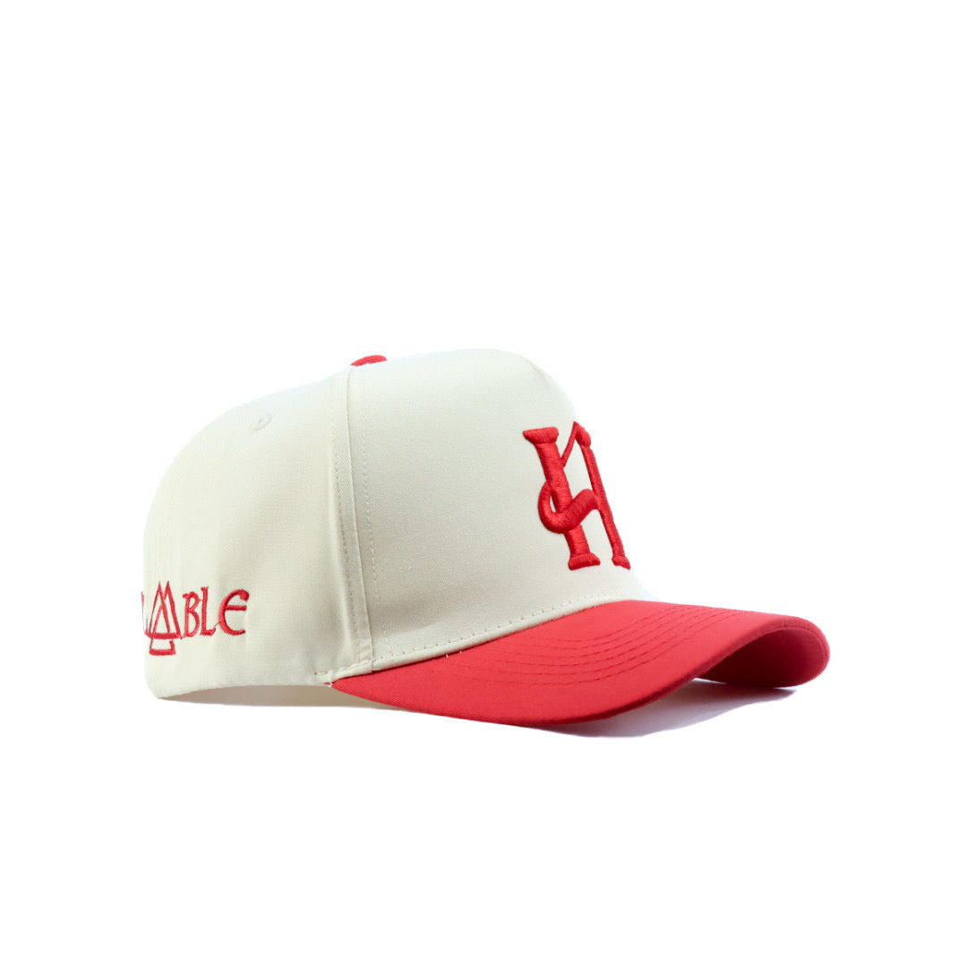 Two-tone cap with red and white colors on a white background
