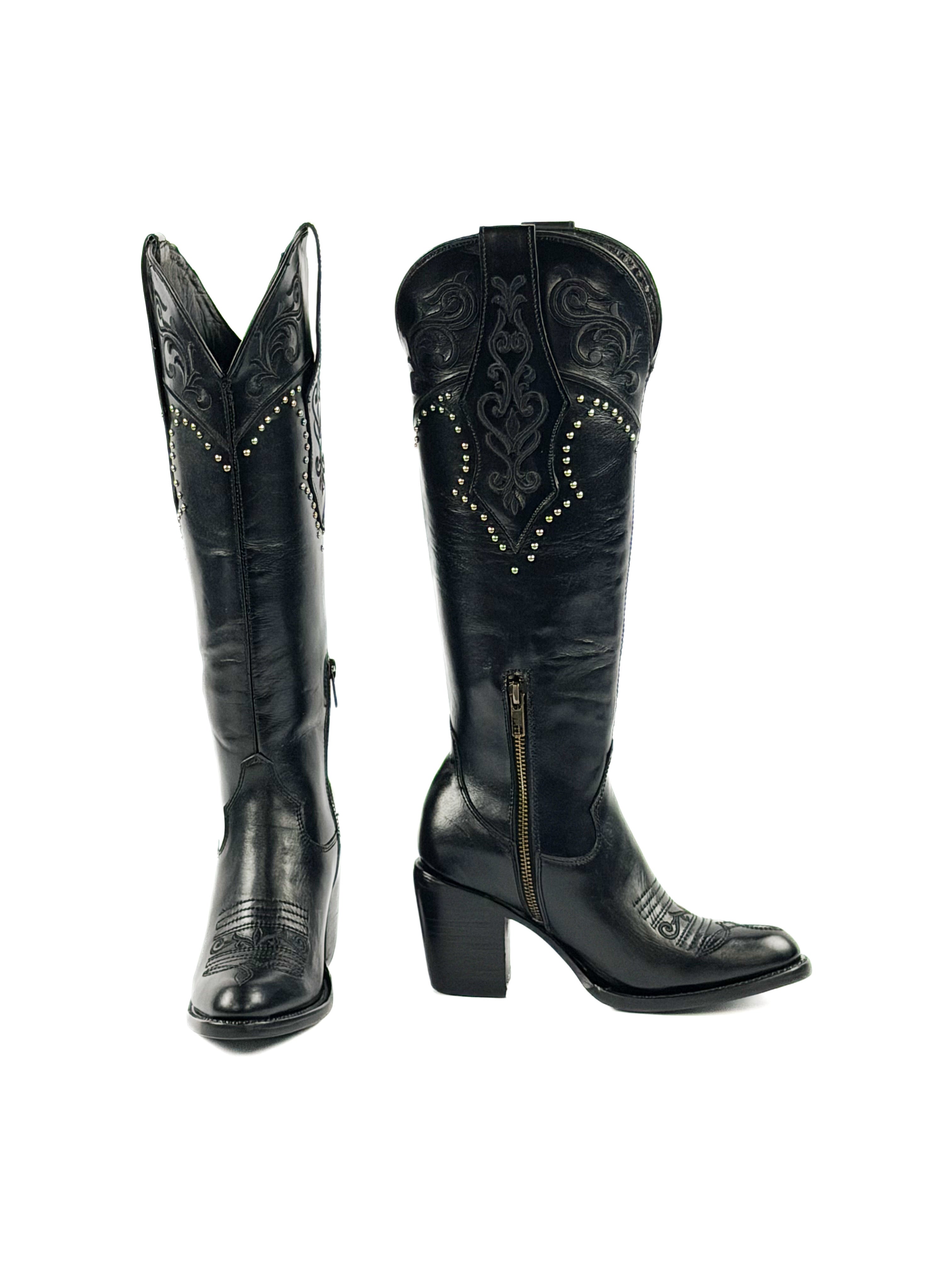 Pair of black round toe boots with studded and design elements on the shaft