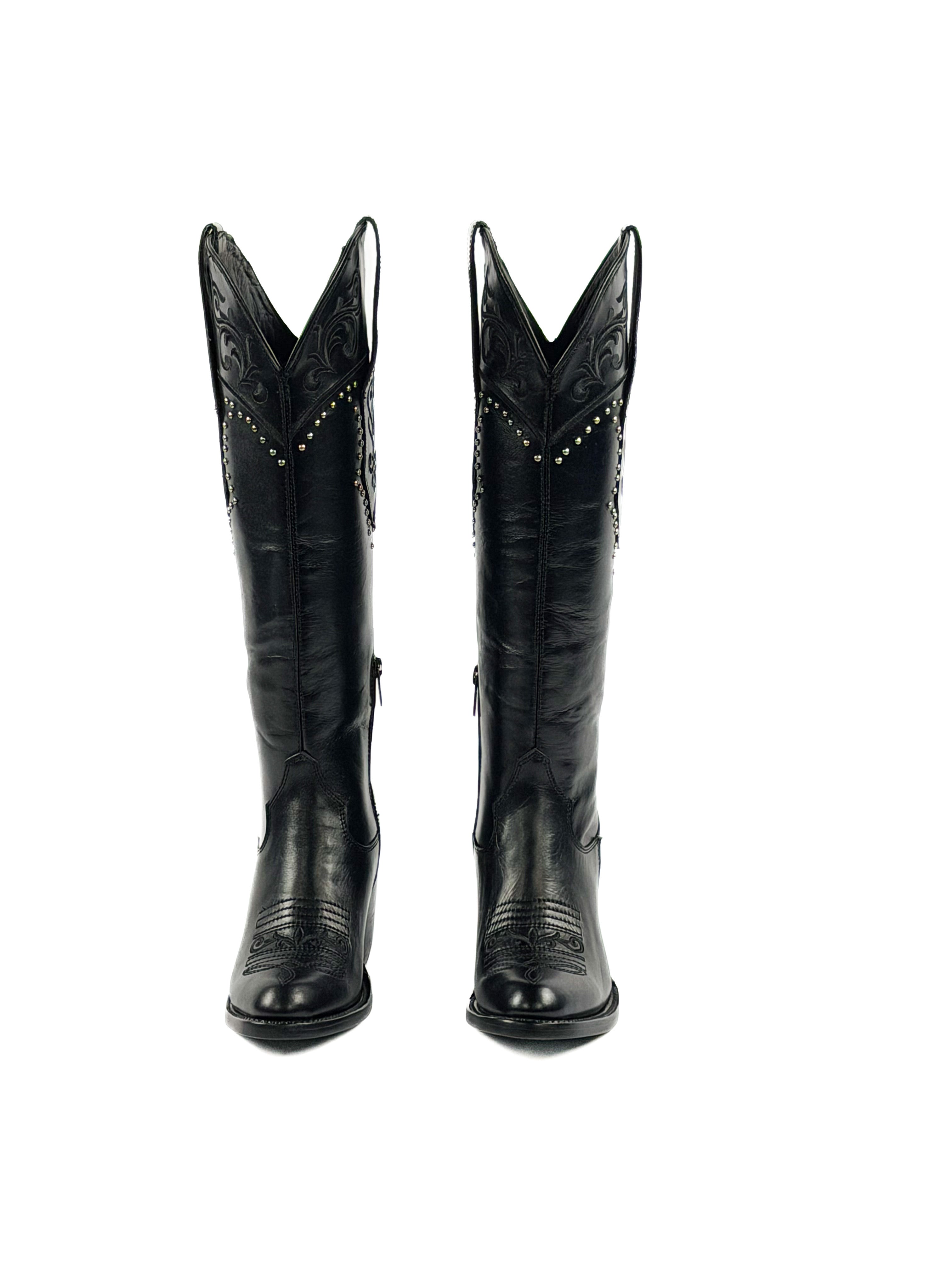 Pair of black round toe boots with studded and design elements on the shaft 