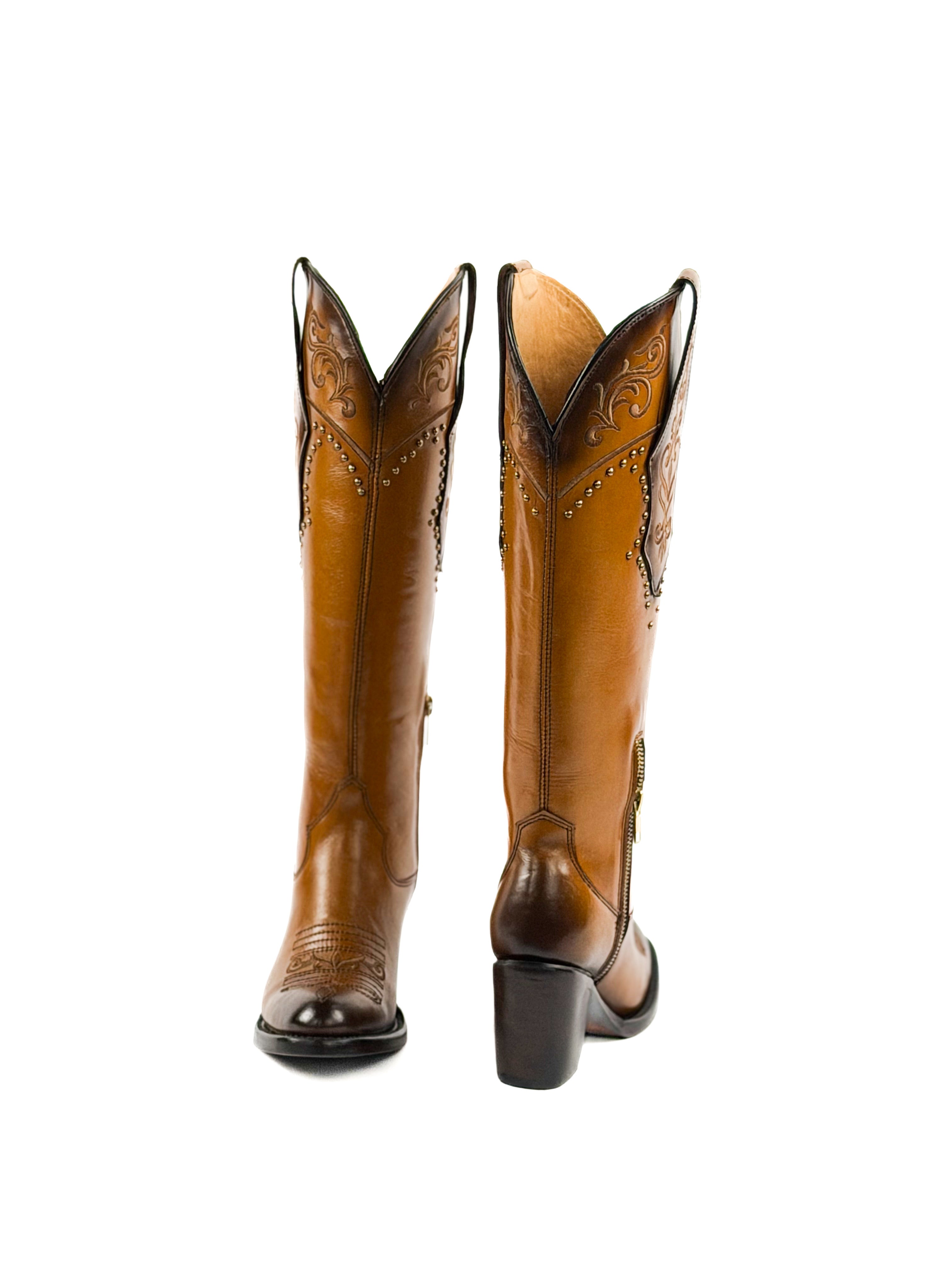 Tan honey women's boots with gold studded and intricate design on the shaft & 3inch heel