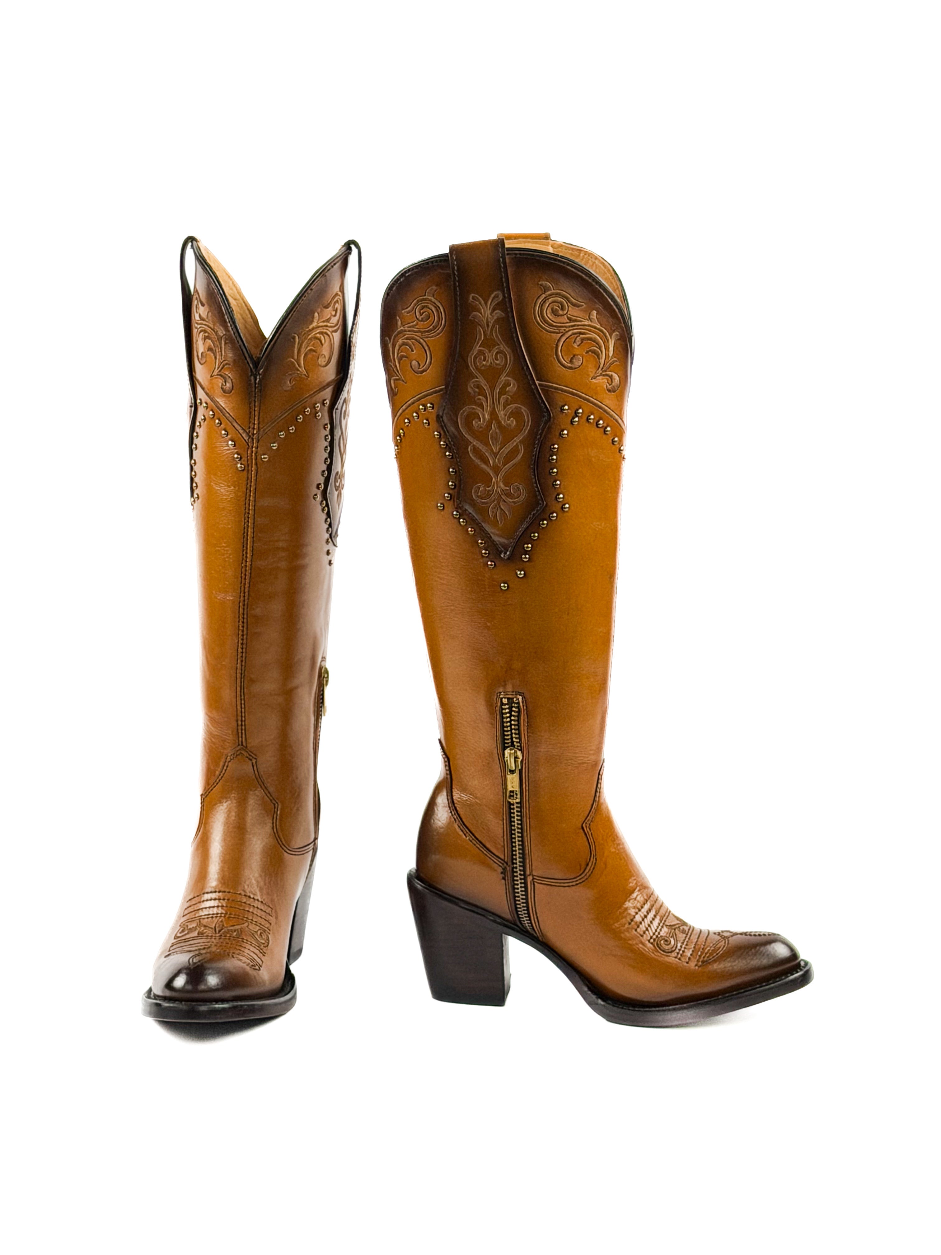 Tan honey women's boots with gold studded and intricate design on the shaft & 3inch heel