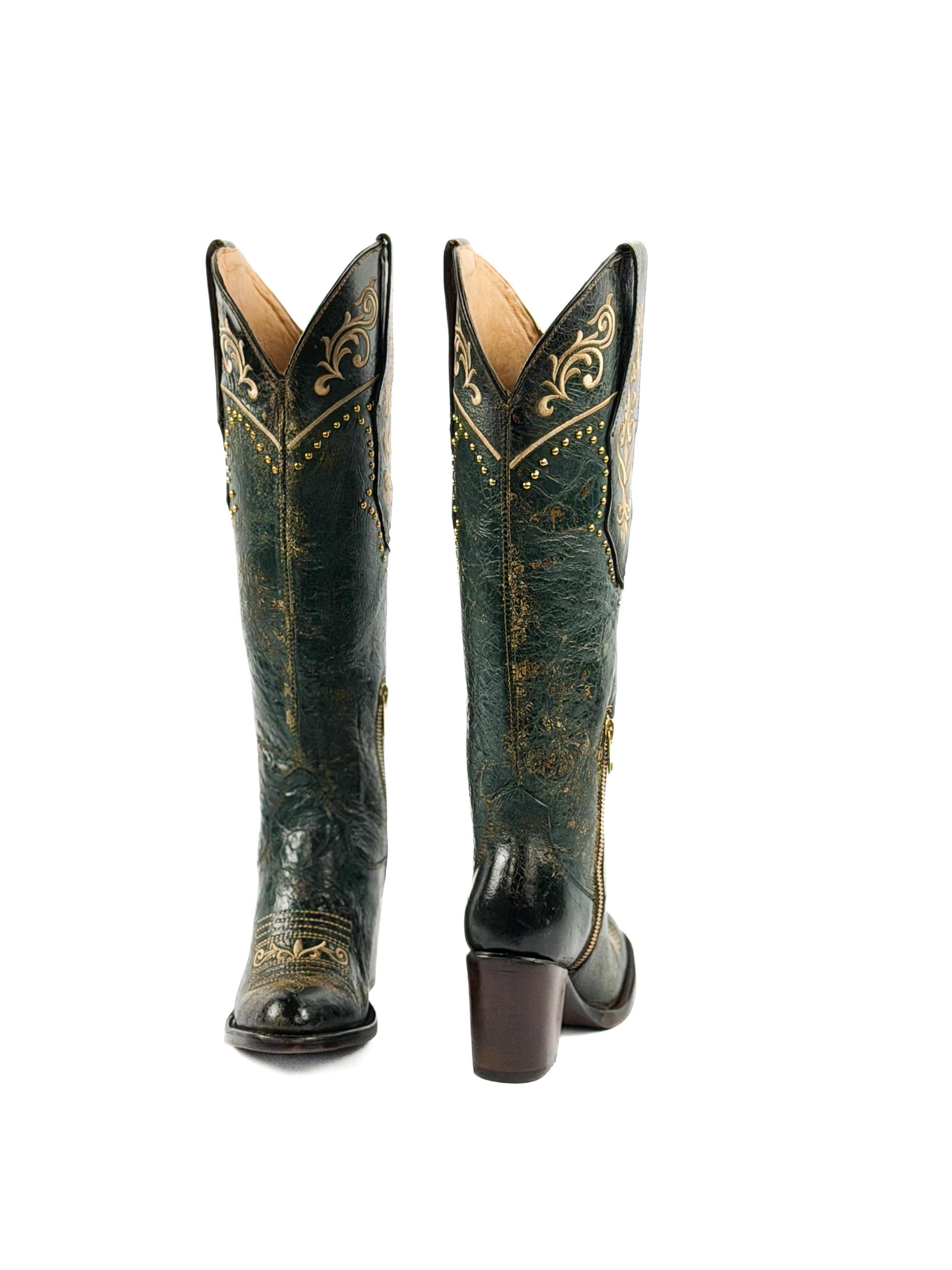 Green women's boots with gold studded and intricate design on the shaft & 3inch heel