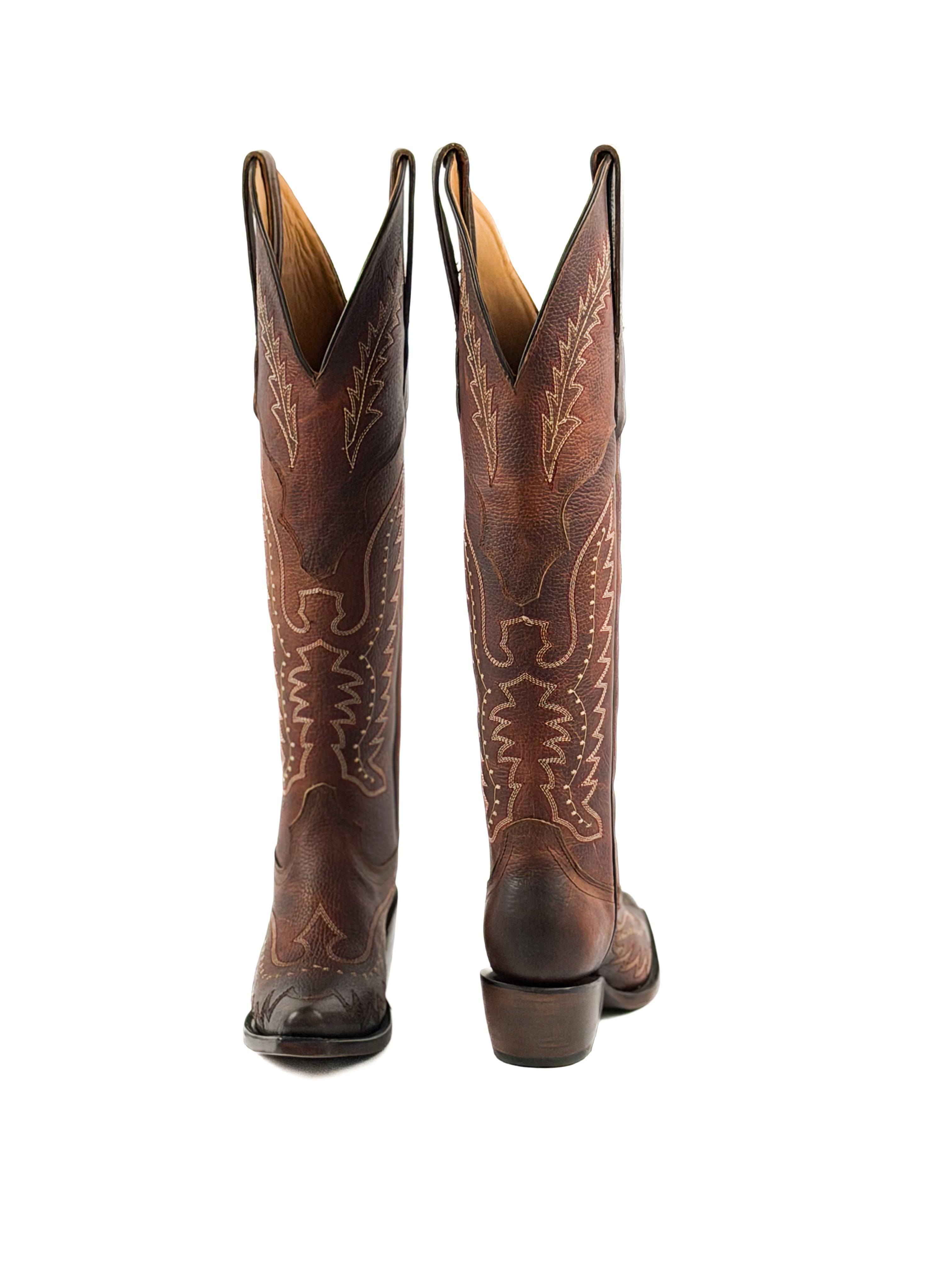 Pair of red brown knee-high cowgirl boots with intricate stitching designs and 2 inch heel