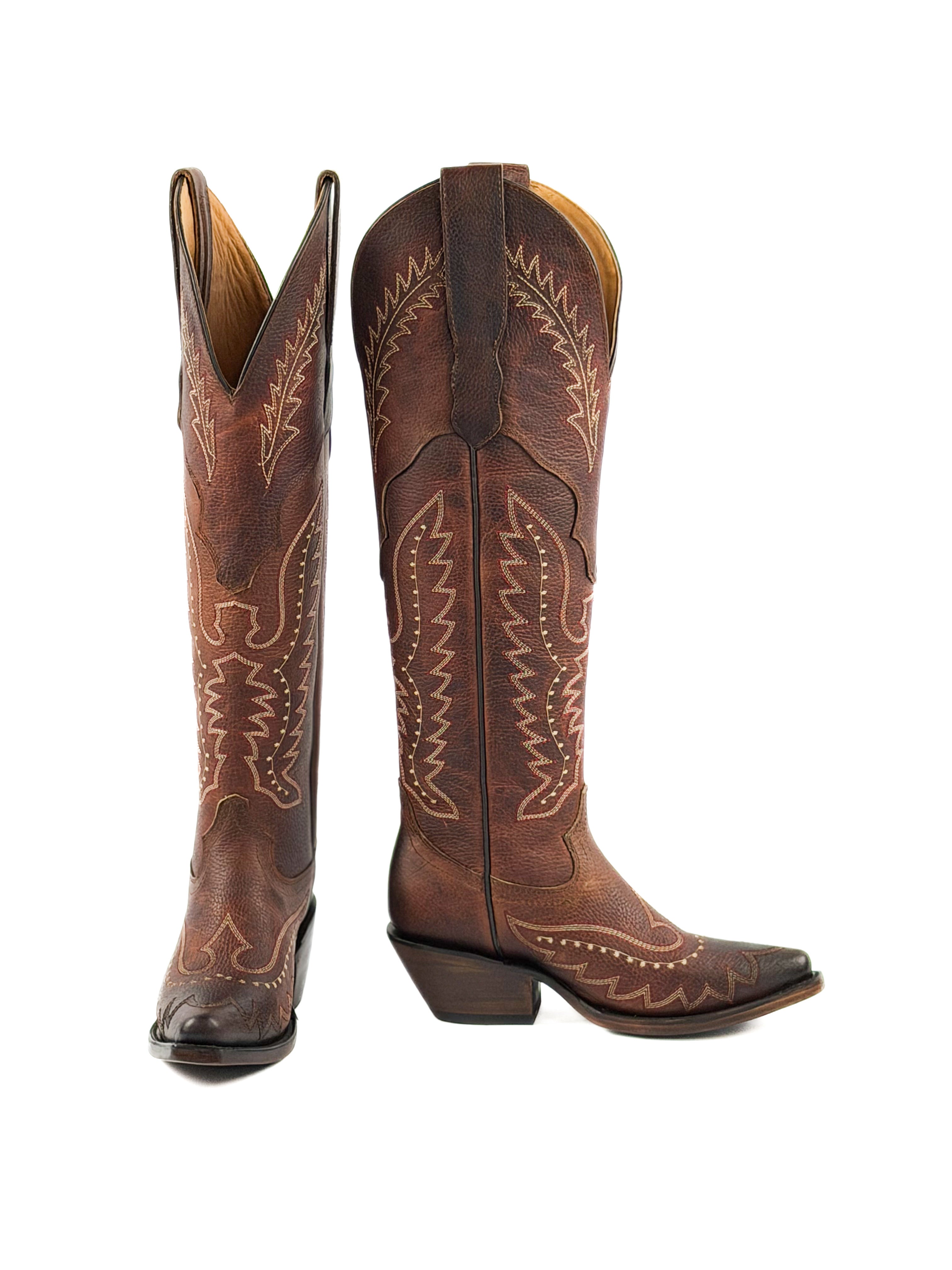 Pair of red brown knee-high cowgirl boots with intricate stitching designs and 2 inch heel