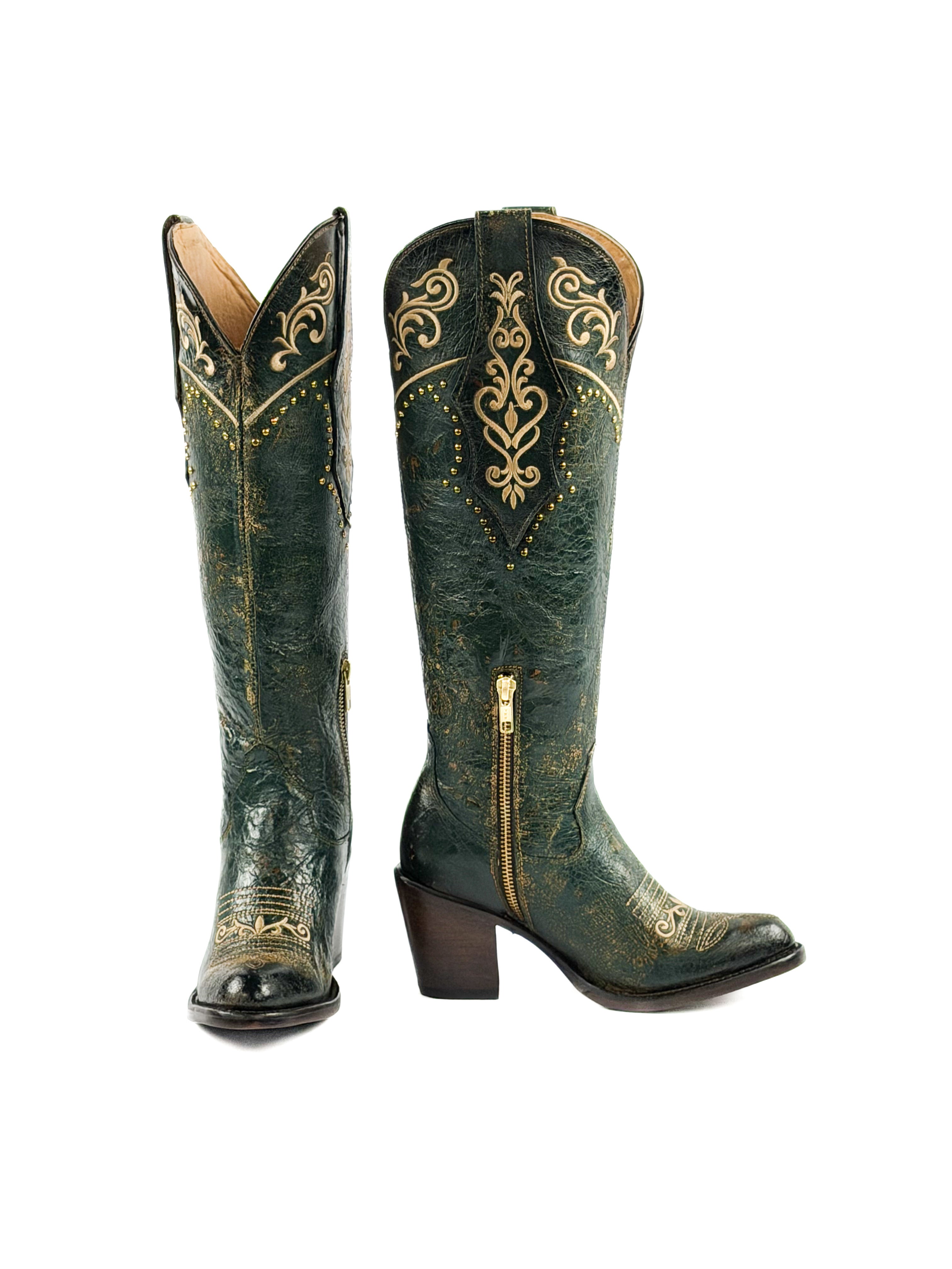 Green women's boots with gold studded and intricate design on the shaft & 3inch heel